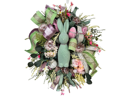 Flocked Bunny Easter Wreath: Handmade Spring Floral Door Decor