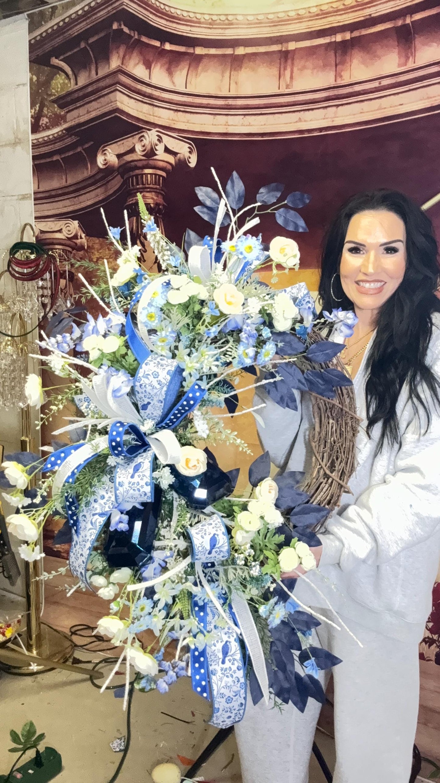Blue Floral Wreath: French Countryside Decor, Silk Roses (24 inch)