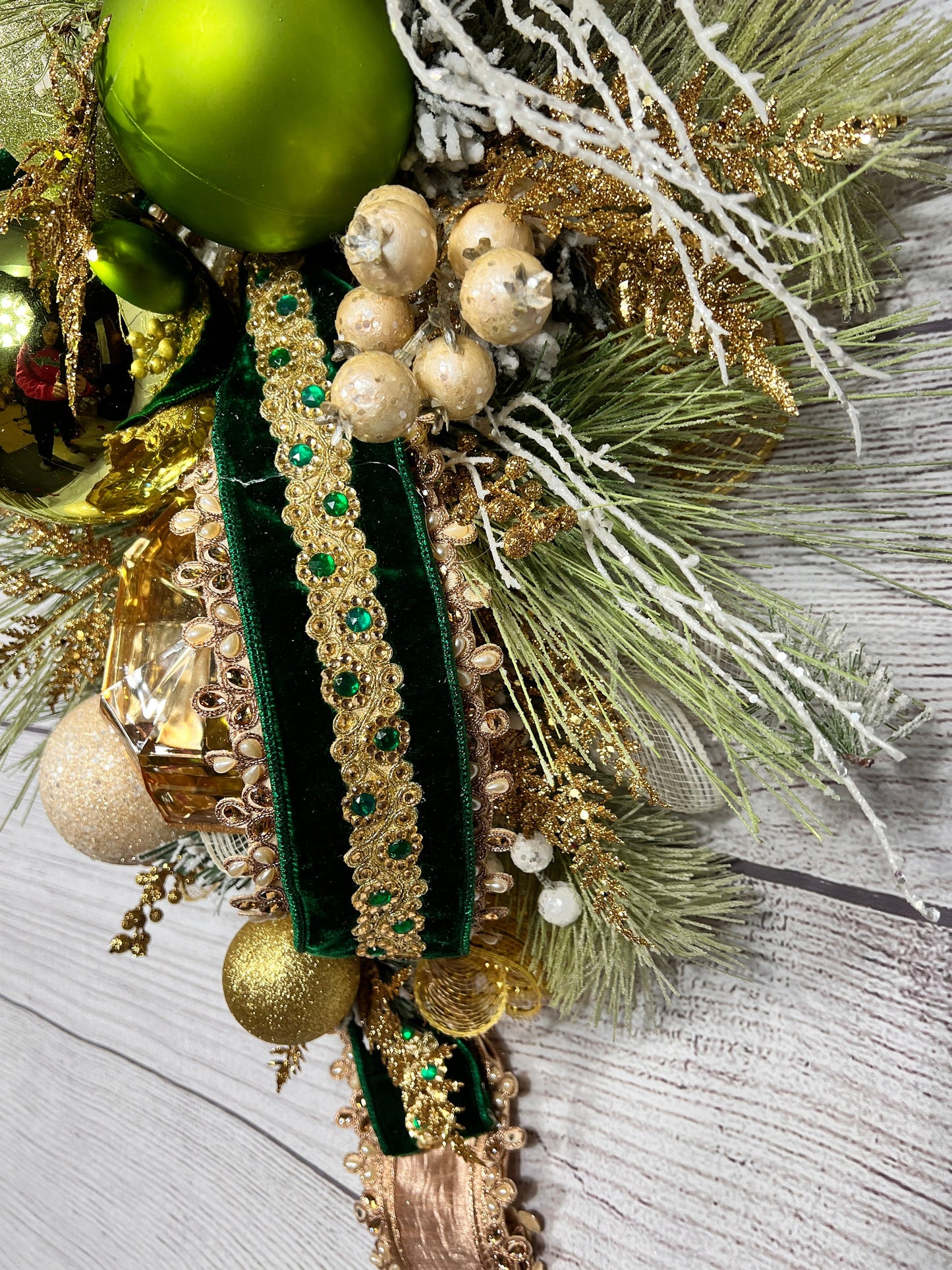 Green and Gold Christmas Swag with Velvet Ribbon, Glam Holiday Door Swag, Elegant Champagne Xmas Decor
