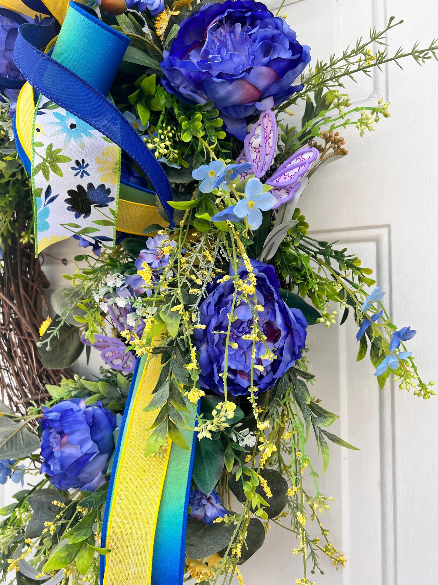 Blue Peony Wreath: Floral Grapevine, Summer Farmhouse Decor