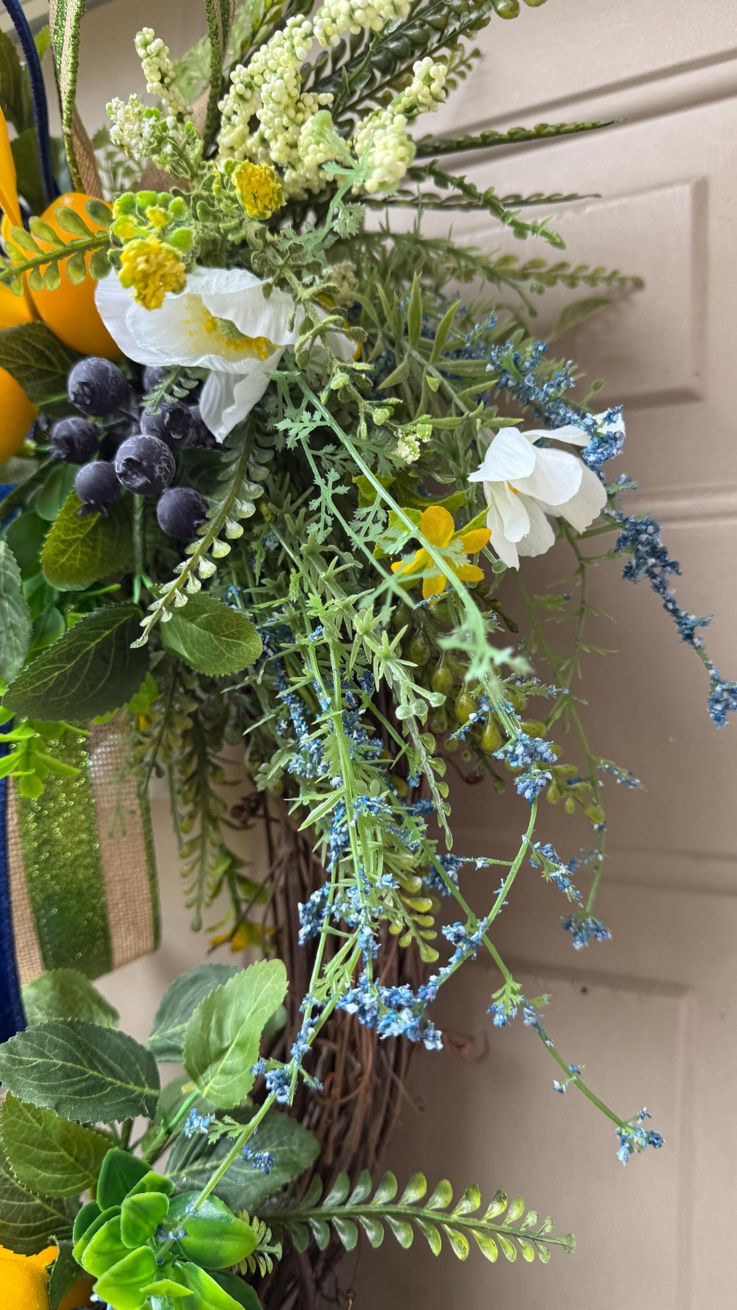 Lemon Grapevine Door Wreath, Yellow Flowers, Blue Ribbons, Handmade