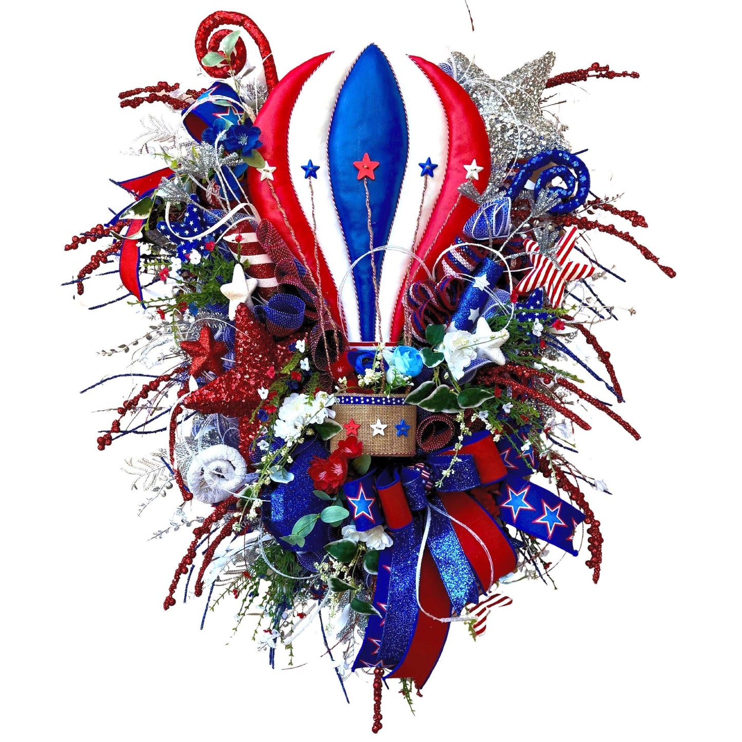 Patriotic Hot Air Balloon Wreath: 4th of July Americana Door Decor