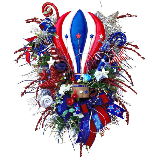 Patriotic Hot Air Balloon Wreath: 4th of July Americana Door Decor