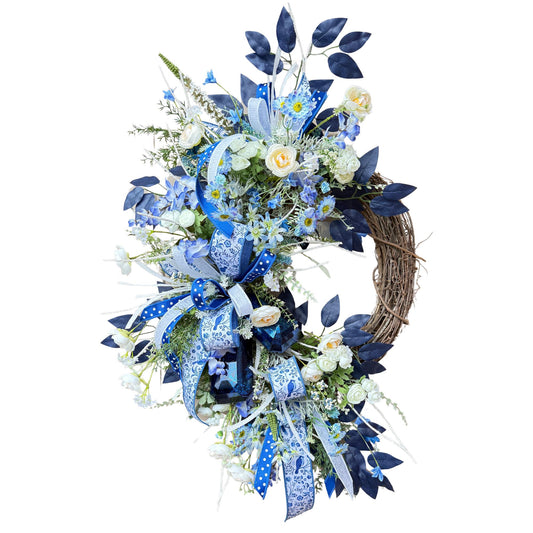 Blue Floral Wreath: French Countryside Decor, Silk Roses (24 inch)