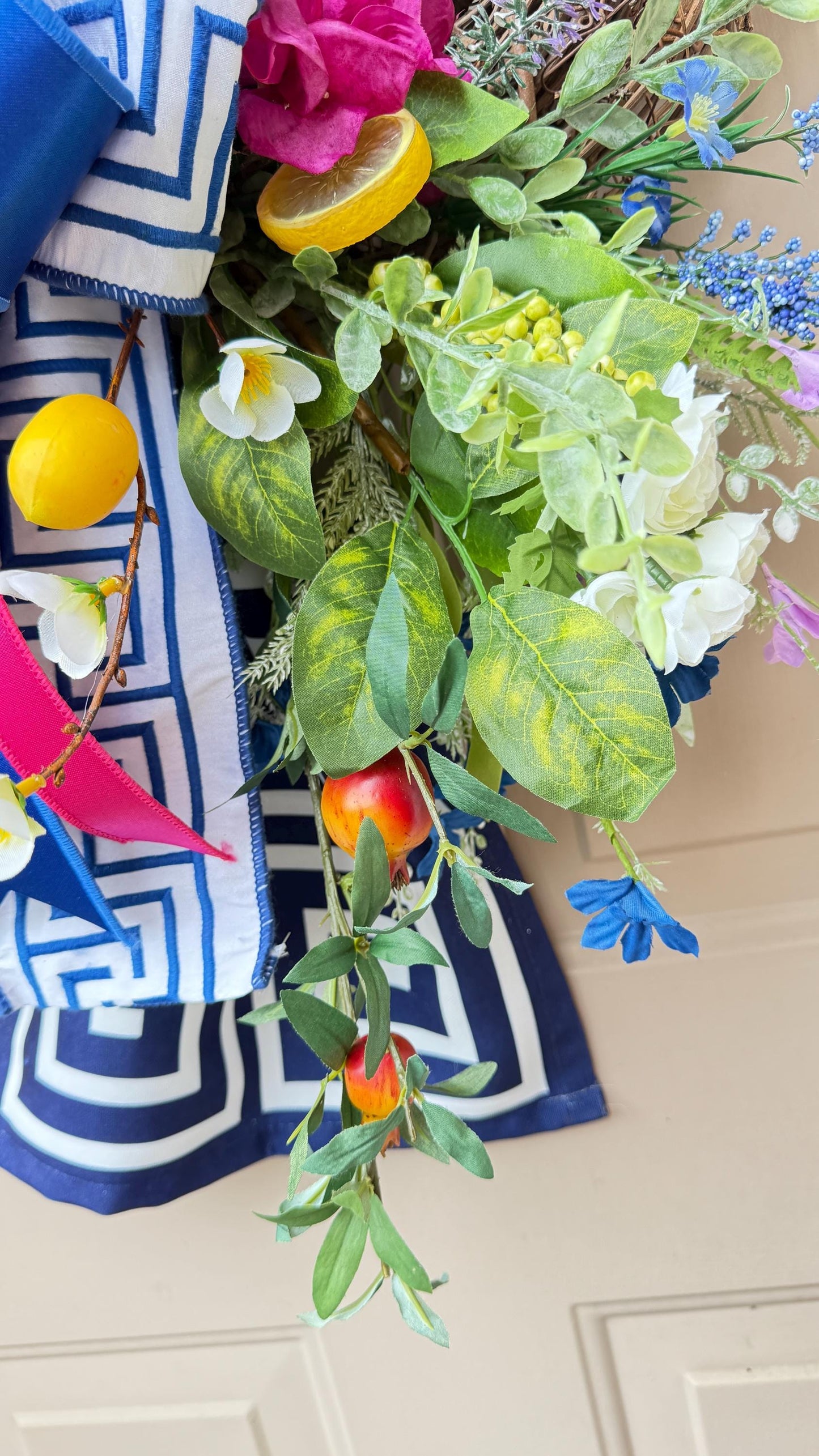 Mediterranean Lemon Grapevine Wreath: Greek Key Ribbon, Faux Florals