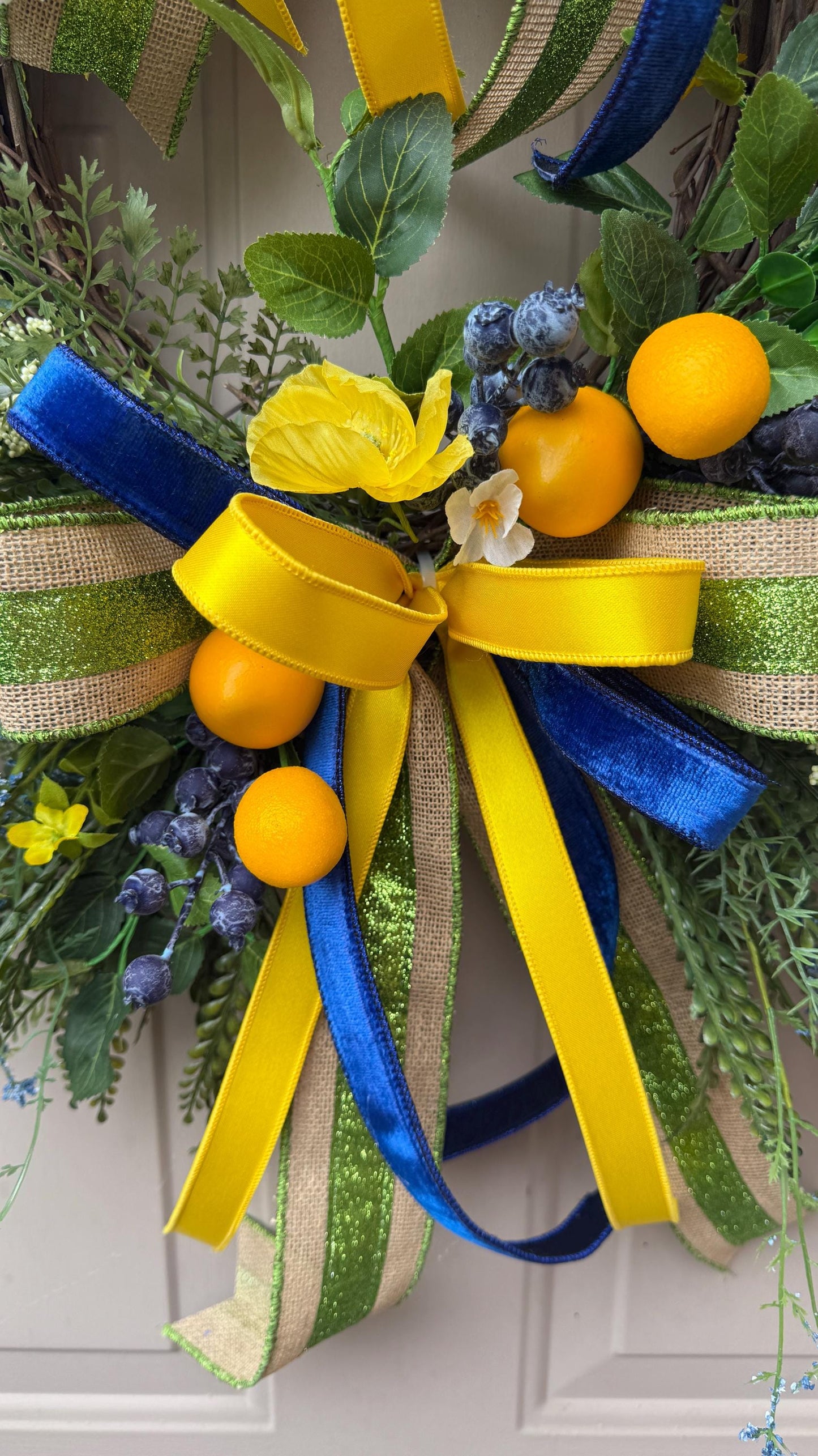 Lemon Grapevine Door Wreath, Yellow Flowers, Blue Ribbons, Handmade