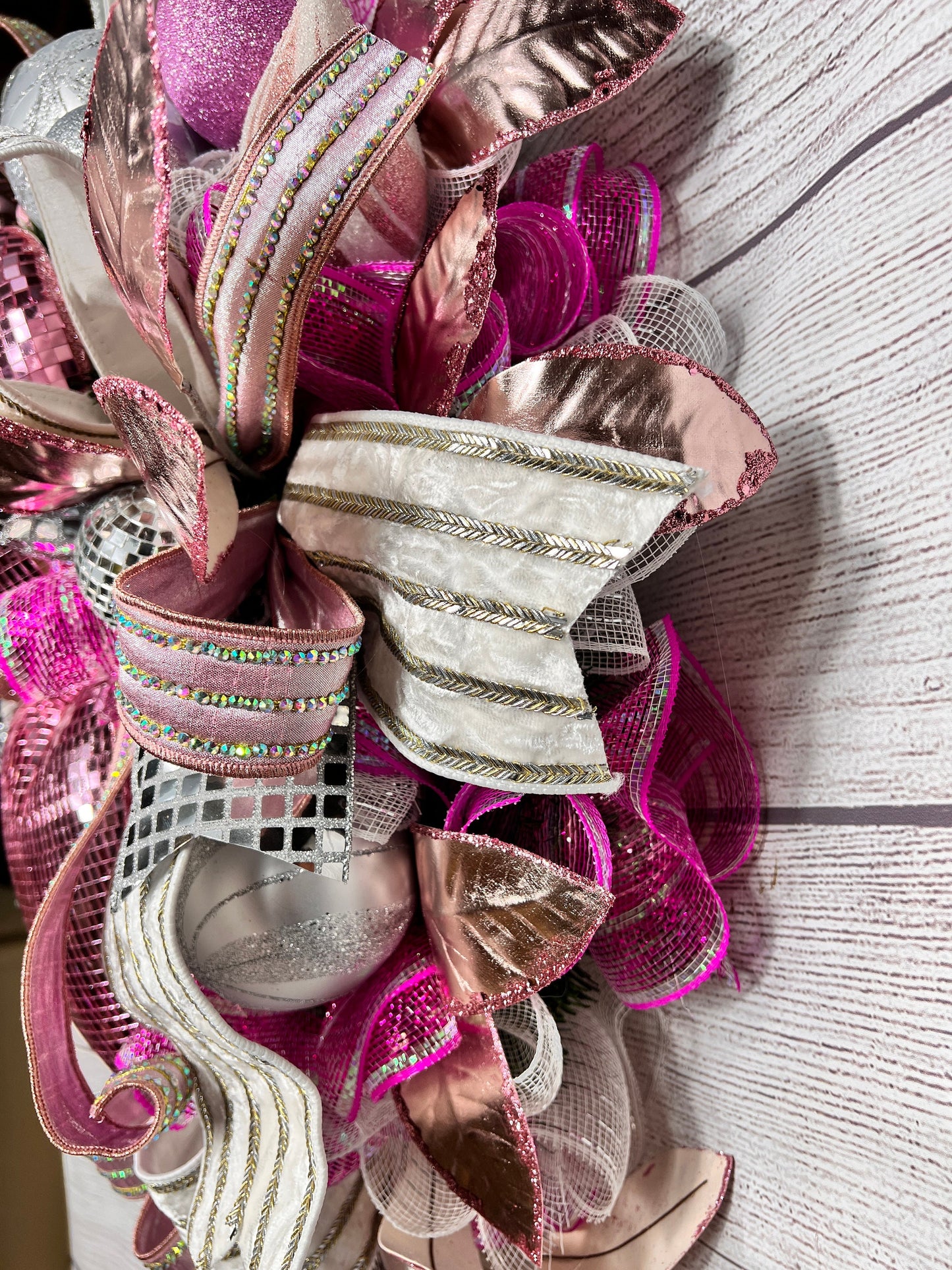 Heart Valentine Wreath Pink and Silver Glam Decor, Large Front Door Decoration