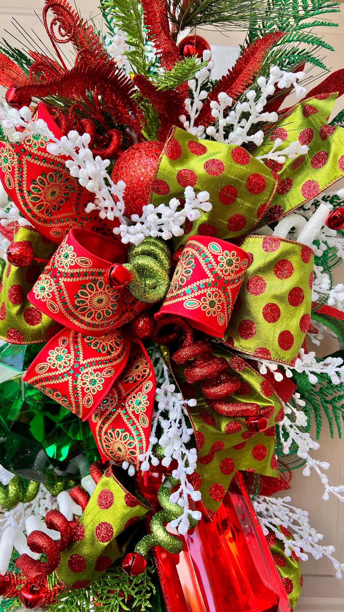 Red and Green Christmas Swag with Ornaments, Holiday Door Swag, Front Door Christmas Decor