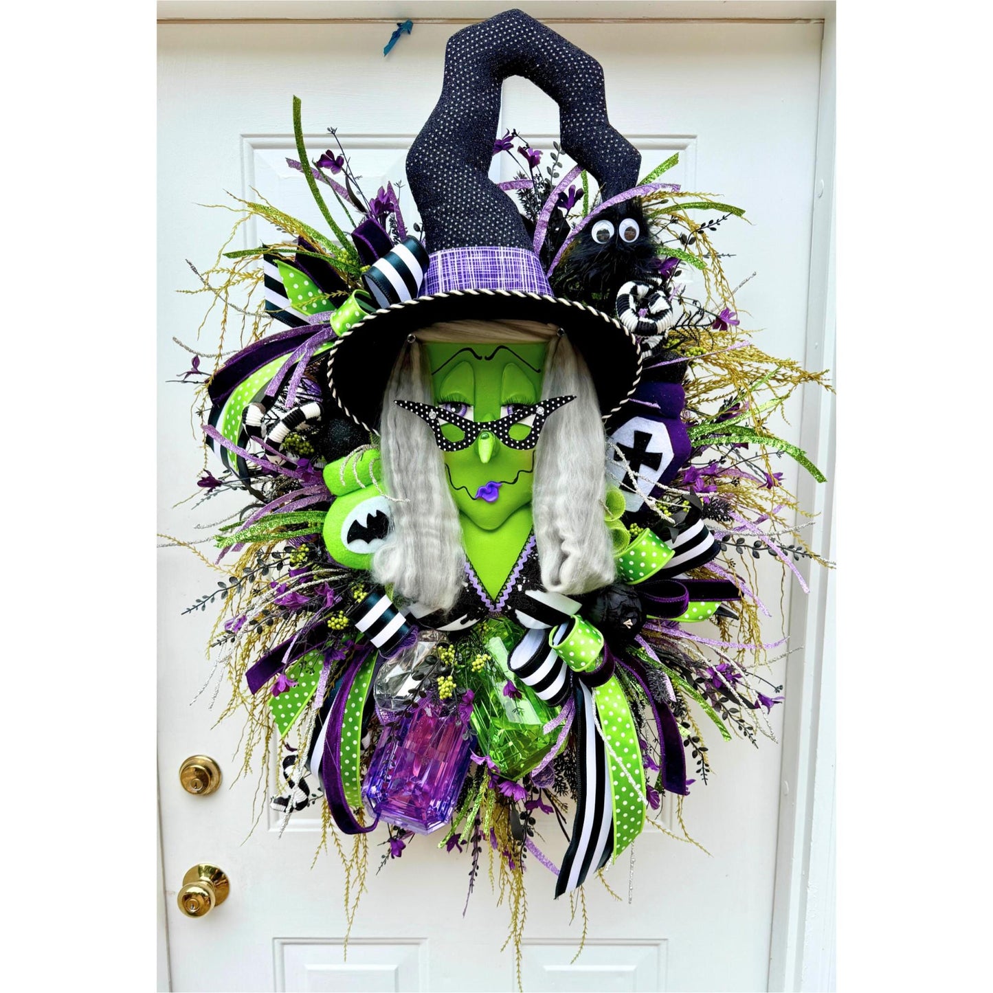 Halloween Witch Wreath: Green Face, Purple and Lime Decor, Spooky Door Decor