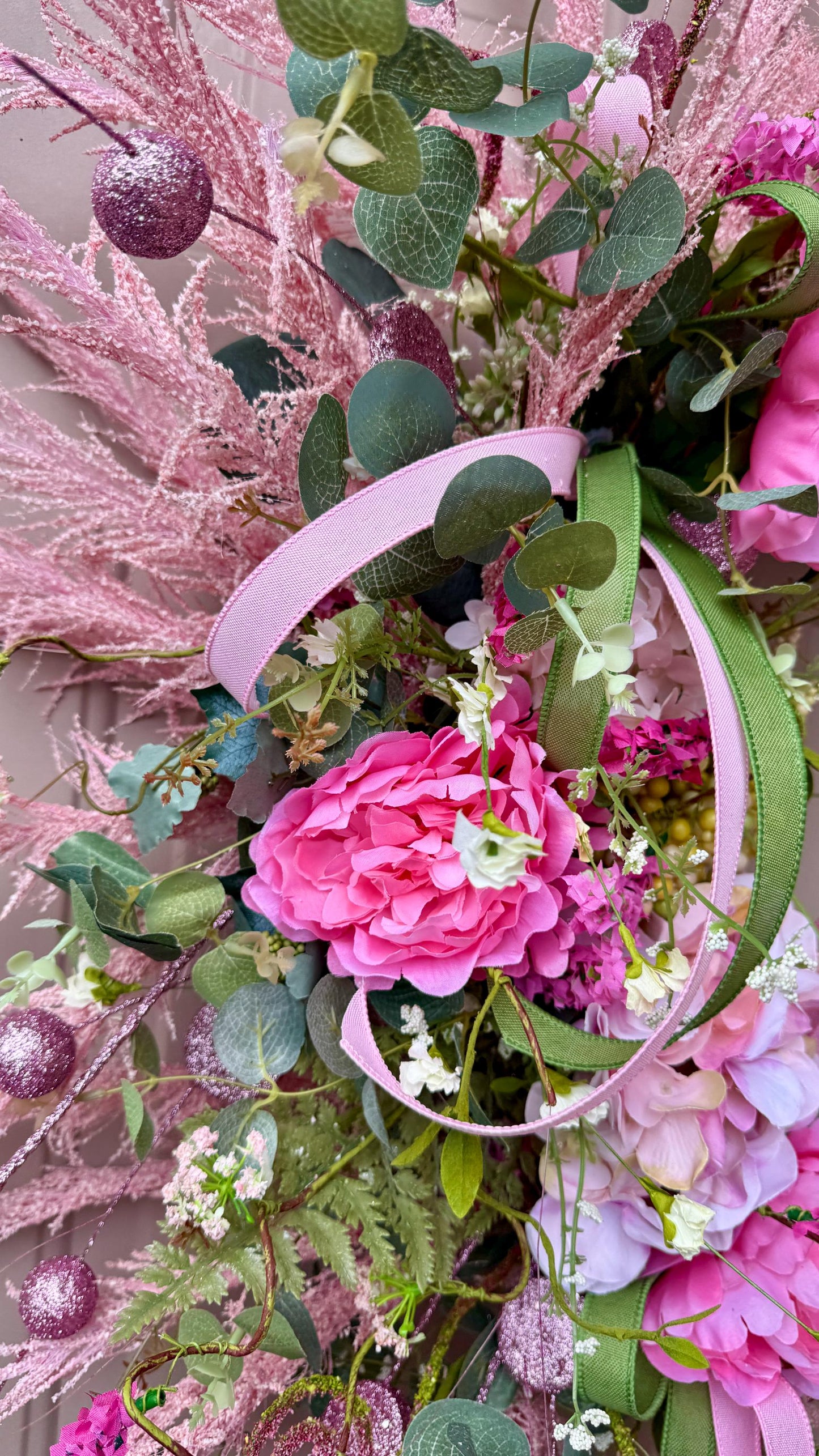 Floral Grapevine Wreath: Pink Wildflowers, Lace Bow, Farmhouse Decor