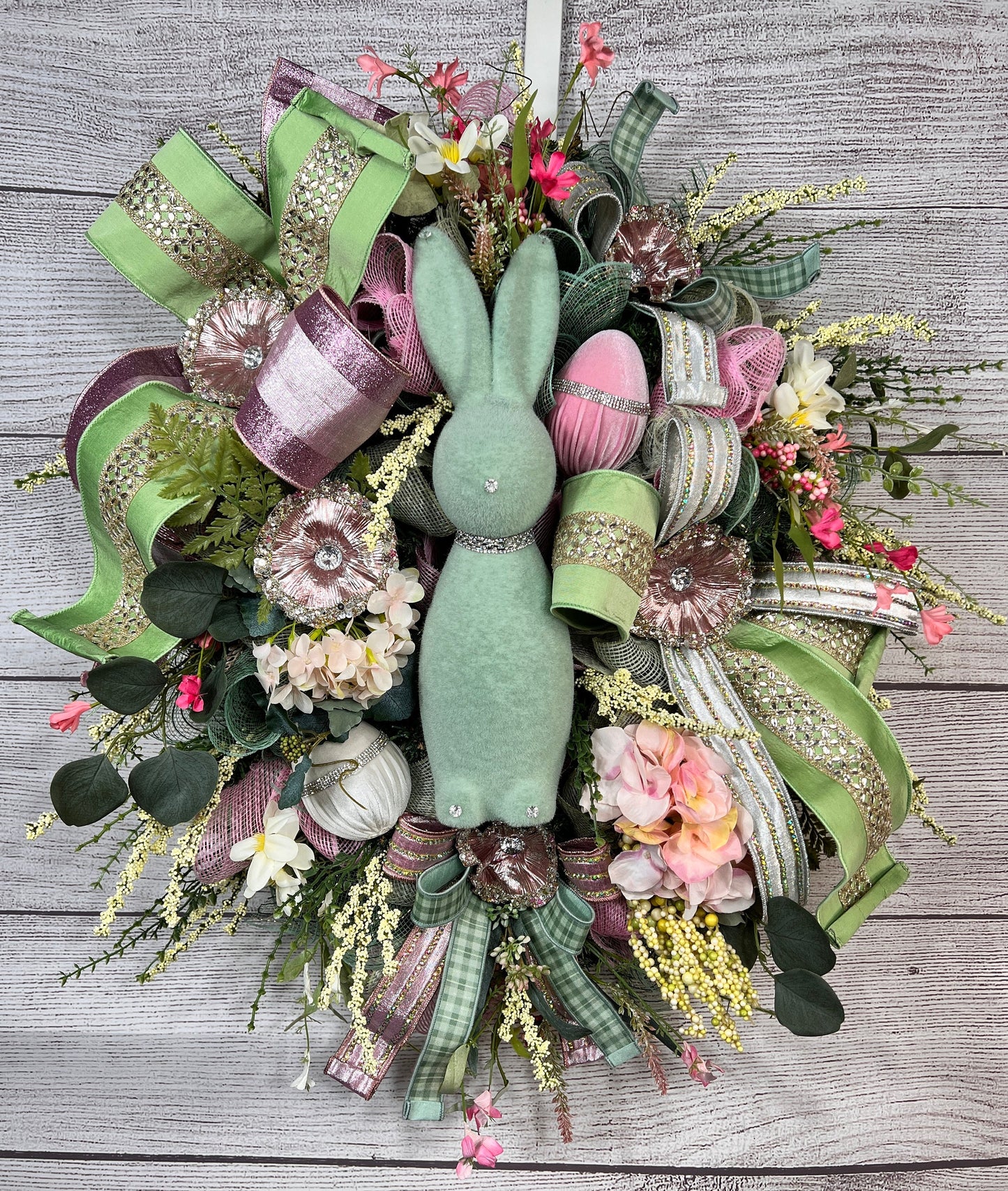 Flocked Bunny Easter Wreath: Handmade Spring Floral Door Decor