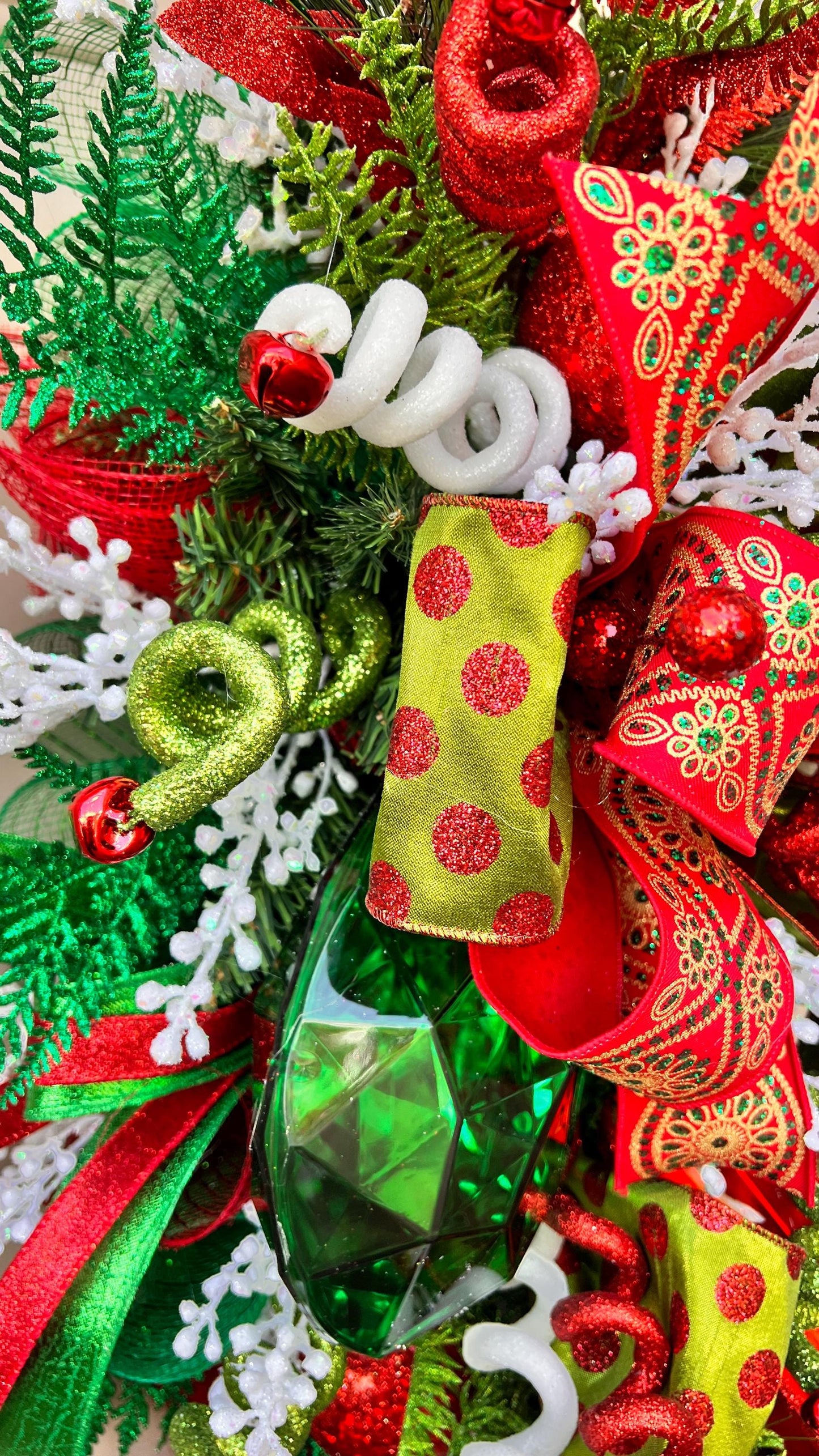 Red and Green Christmas Swag with Ornaments, Holiday Door Swag, Front Door Christmas Decor