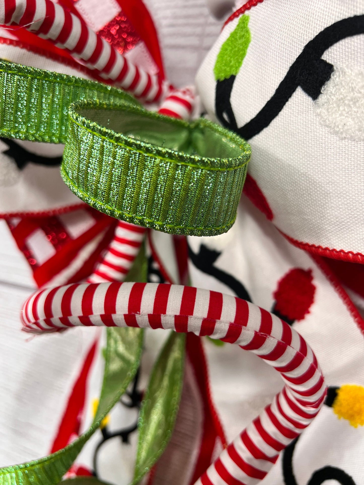 Christmas Red White Green Holiday Bow, Tree Topper with Elf Legs, Glitter Plaid Mailbox Decoration