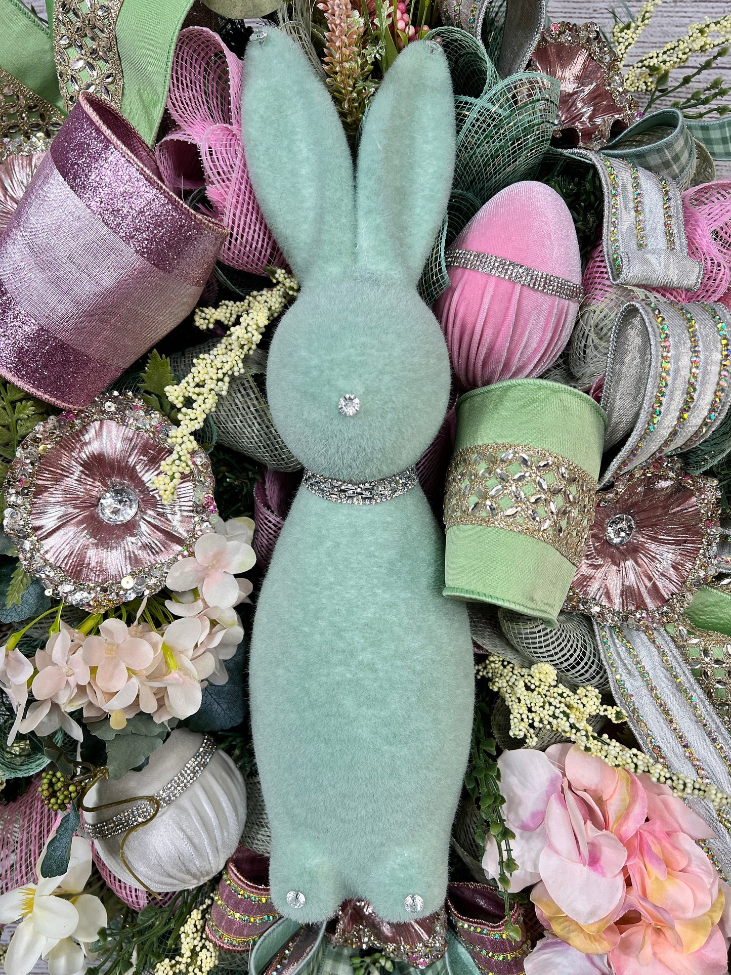 Flocked Bunny Easter Wreath: Handmade Spring Floral Door Decor