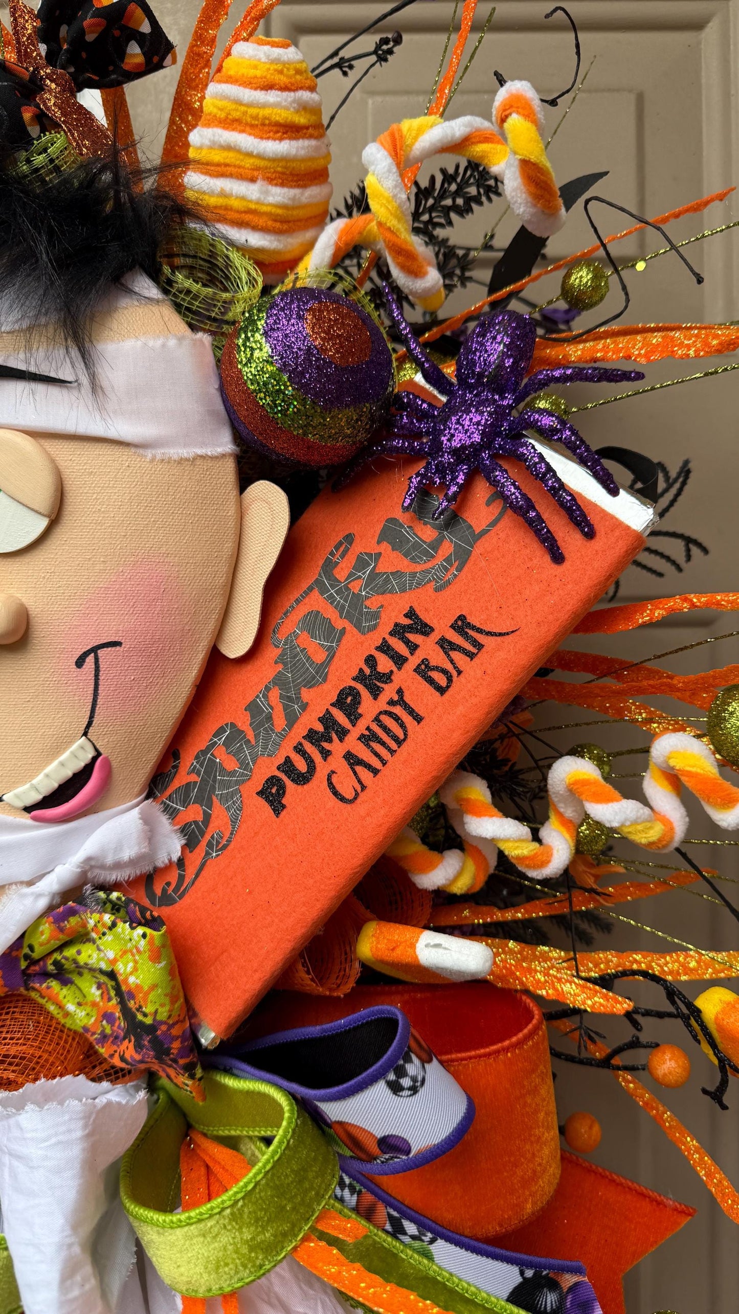 Mummy Halloween Wreath: Handmade Deco Mesh, Candy Corn Decor