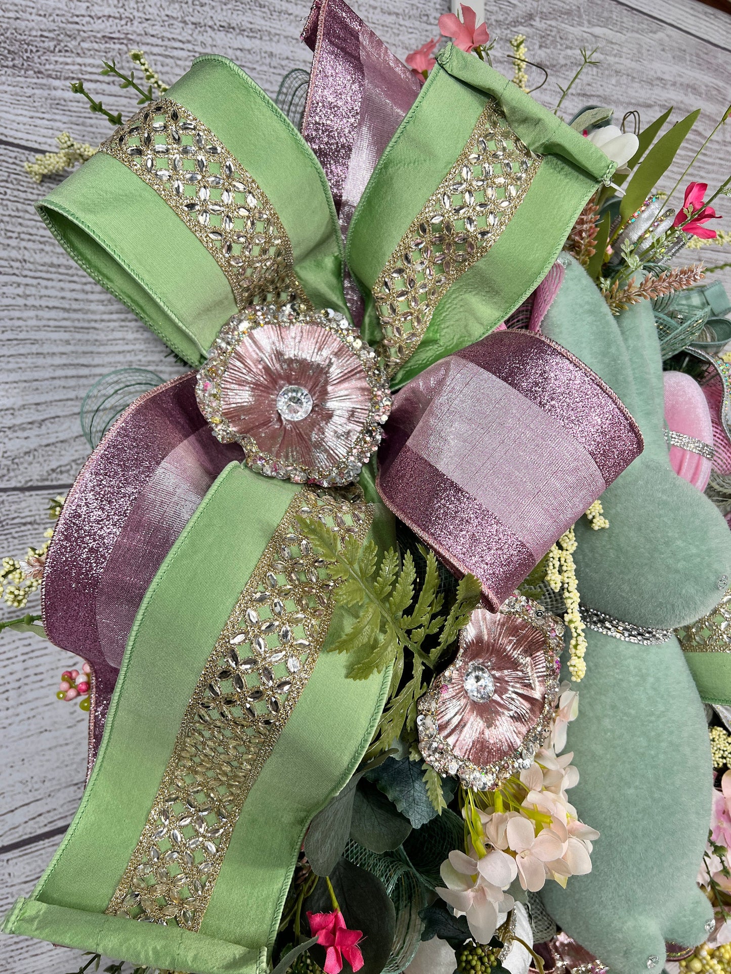 Flocked Bunny Easter Wreath: Handmade Spring Floral Door Decor