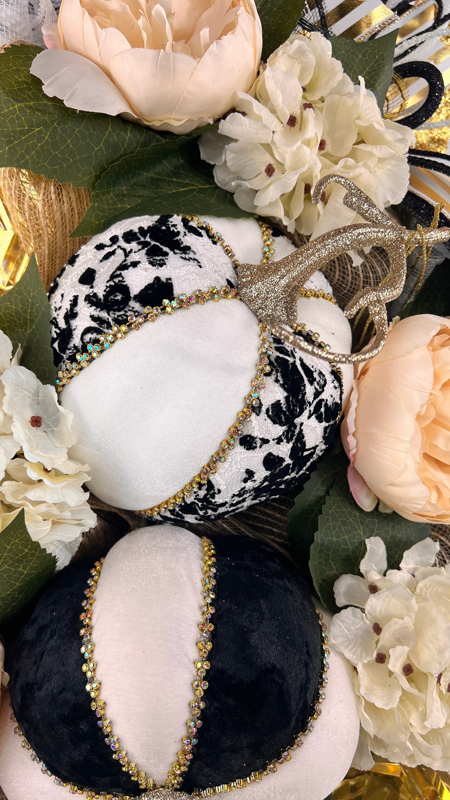 Luxury Fall Wreath: Black, Gold, & Velvet Jeweled Pumpkins