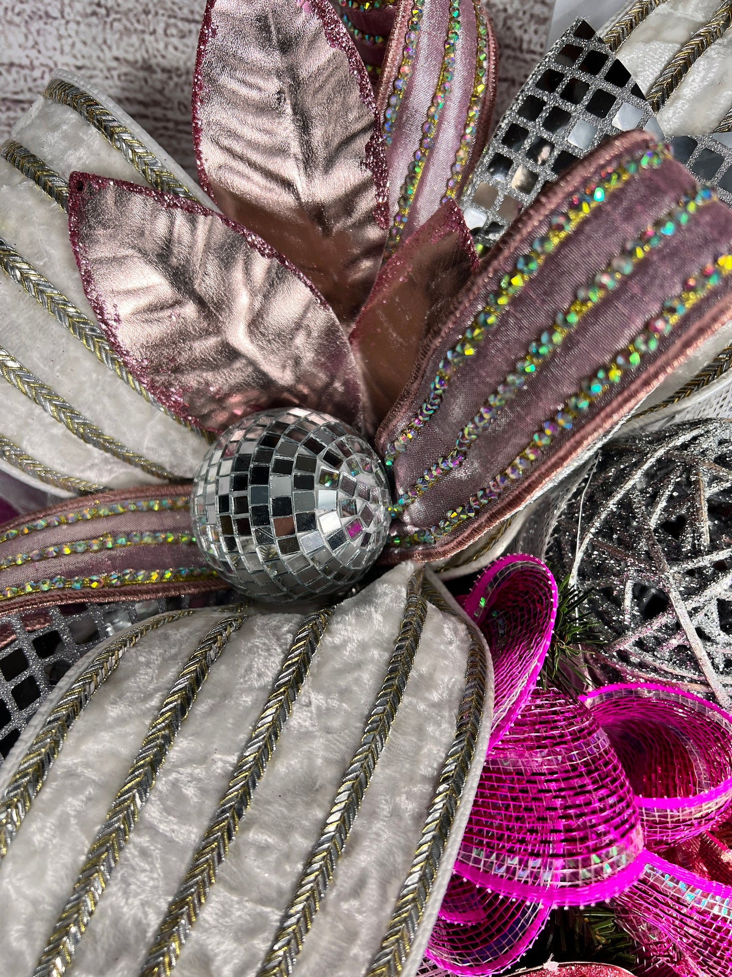 Heart Valentine Wreath Pink and Silver Glam Decor, Large Front Door Decoration