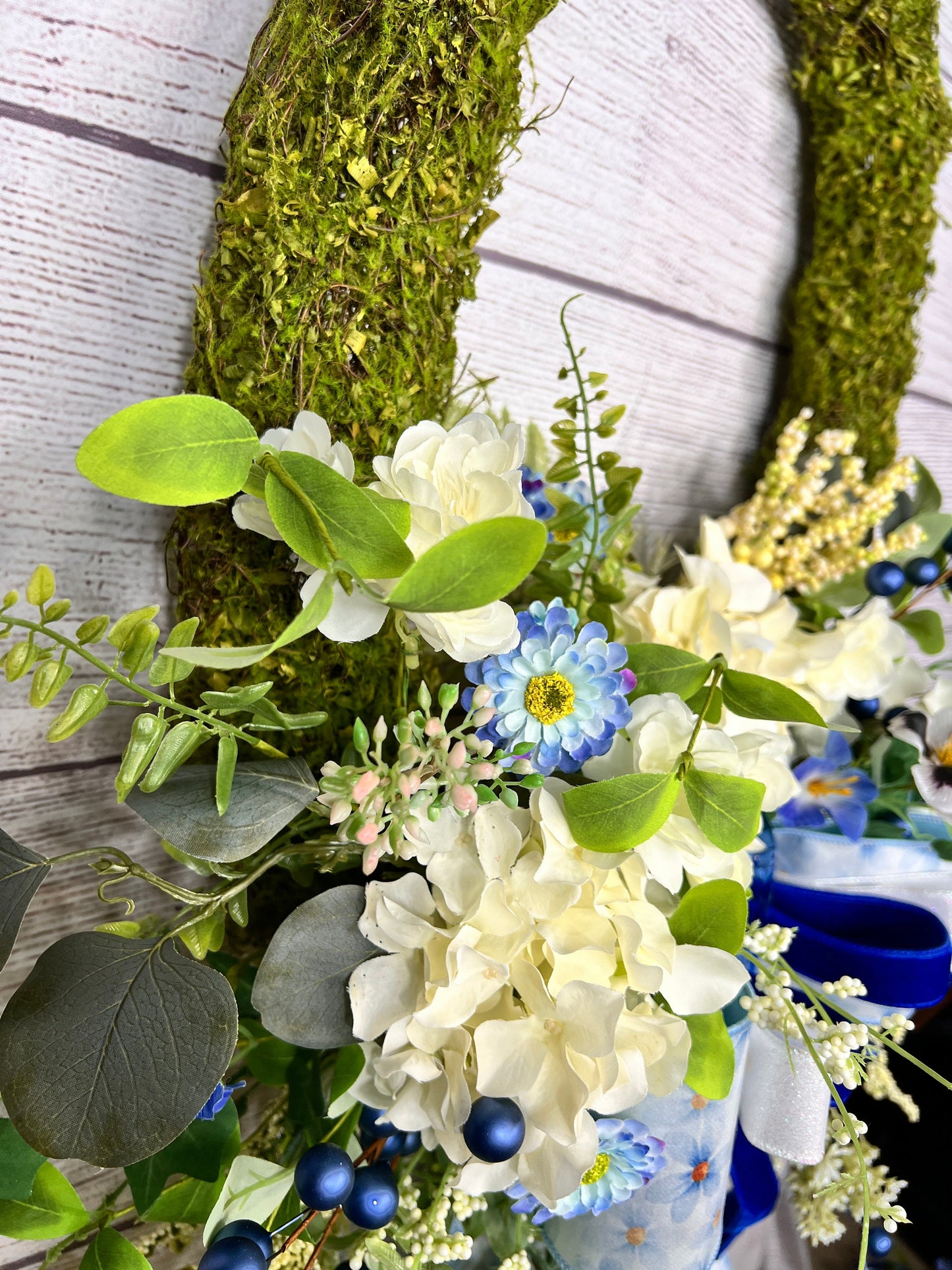 Floral Moss Wreath: Blue Hydrangea, Garden Party Decor