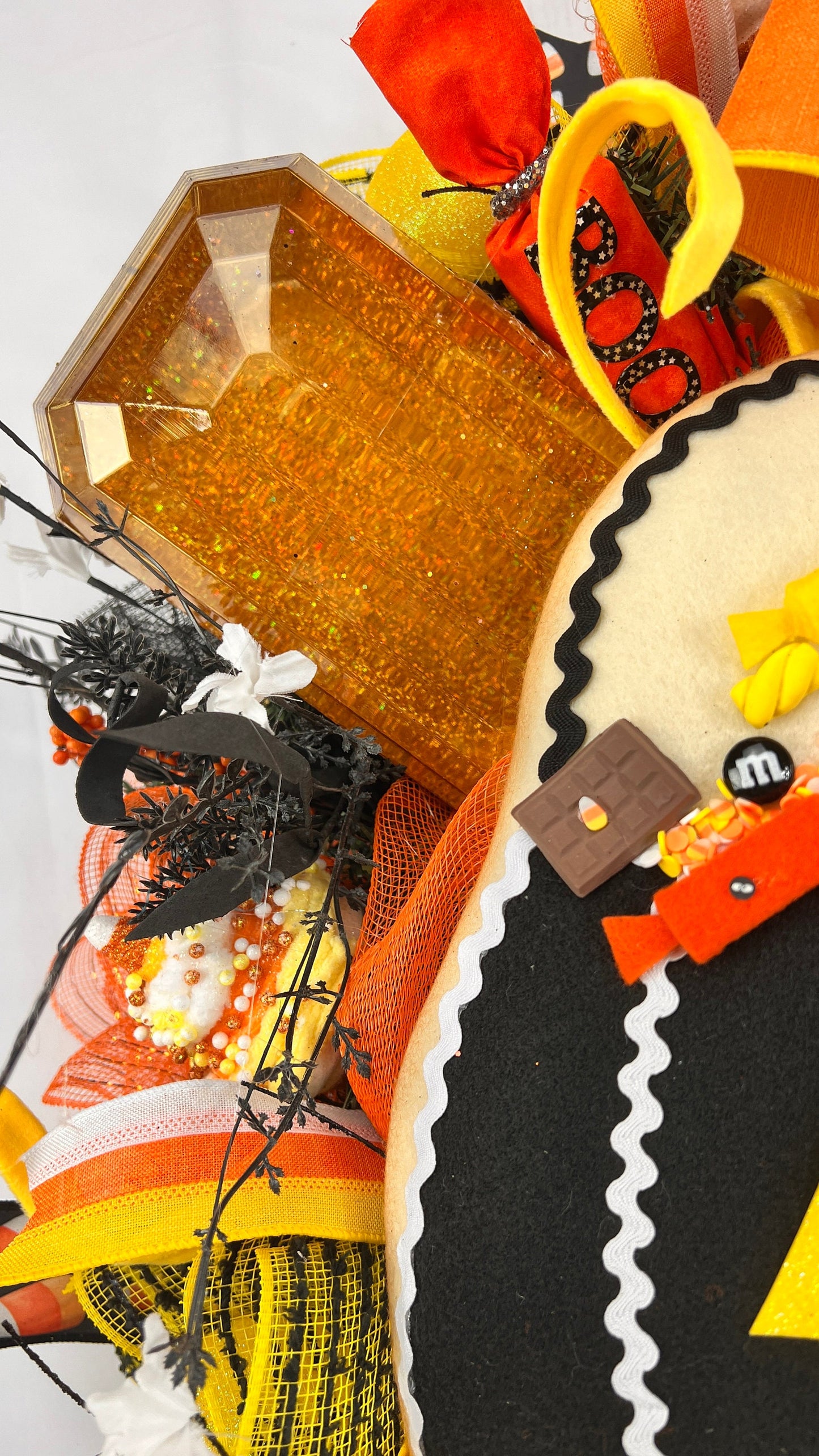 Halloween Pumpkin Wreath: Jack O' Lantern, Candy Corn Gem Accents