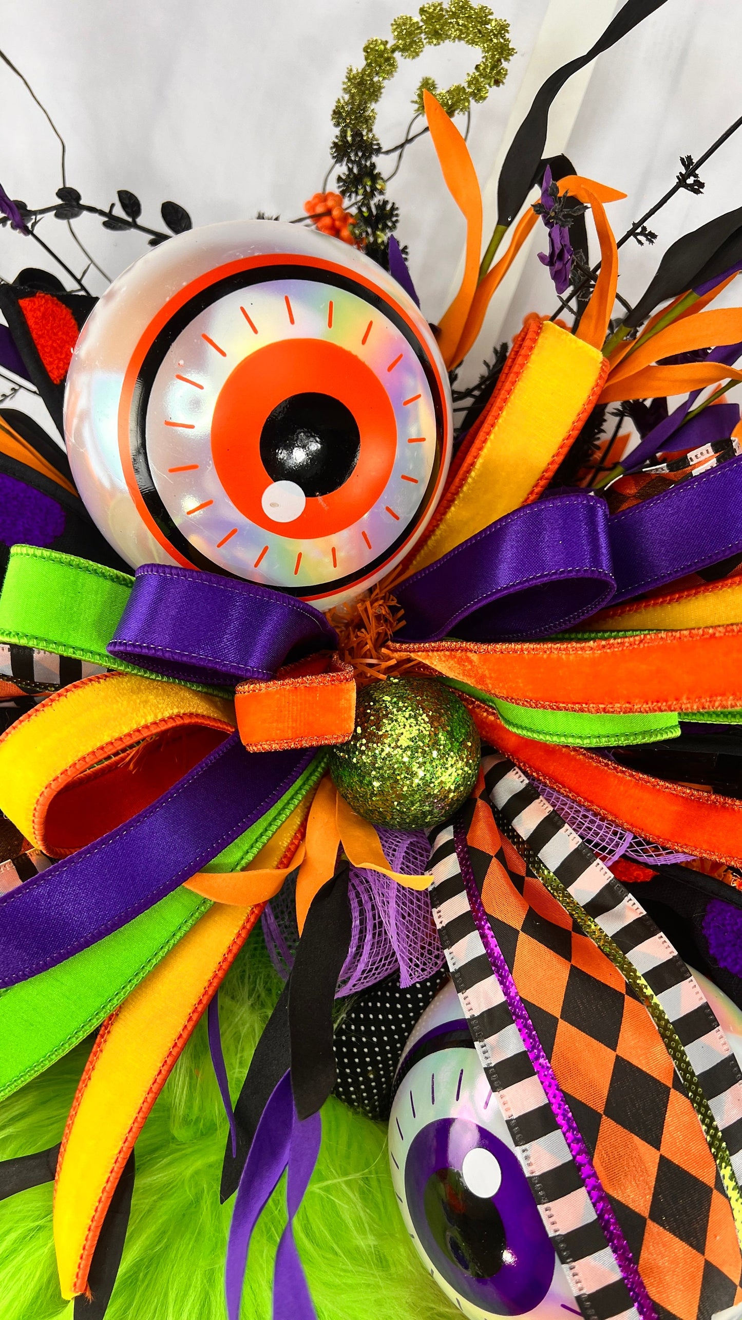Green Halloween Swag Eyeball Door Wreath, Purple Orange Black Decoration