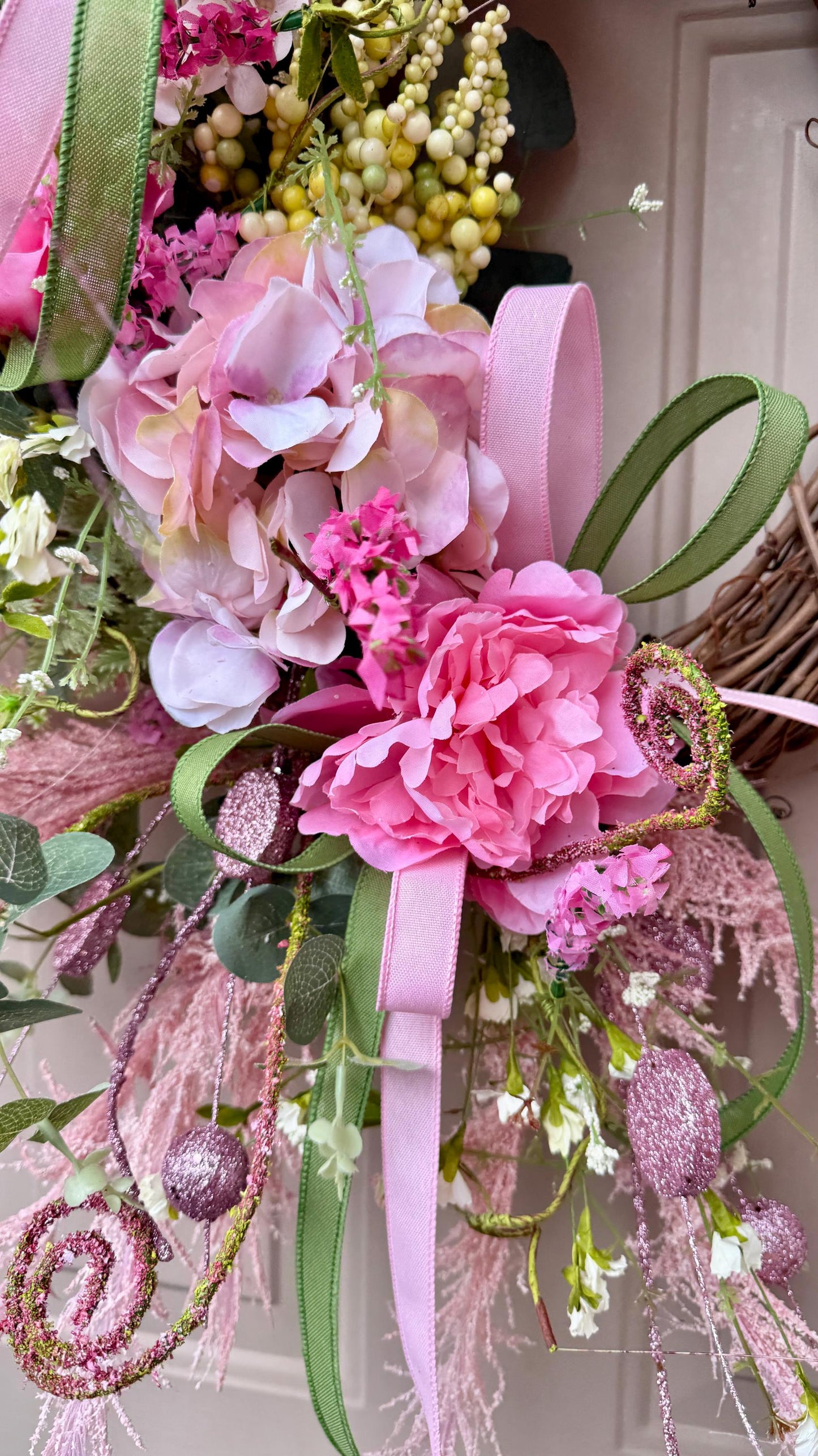 Floral Grapevine Wreath: Pink Wildflowers, Lace Bow, Farmhouse Decor
