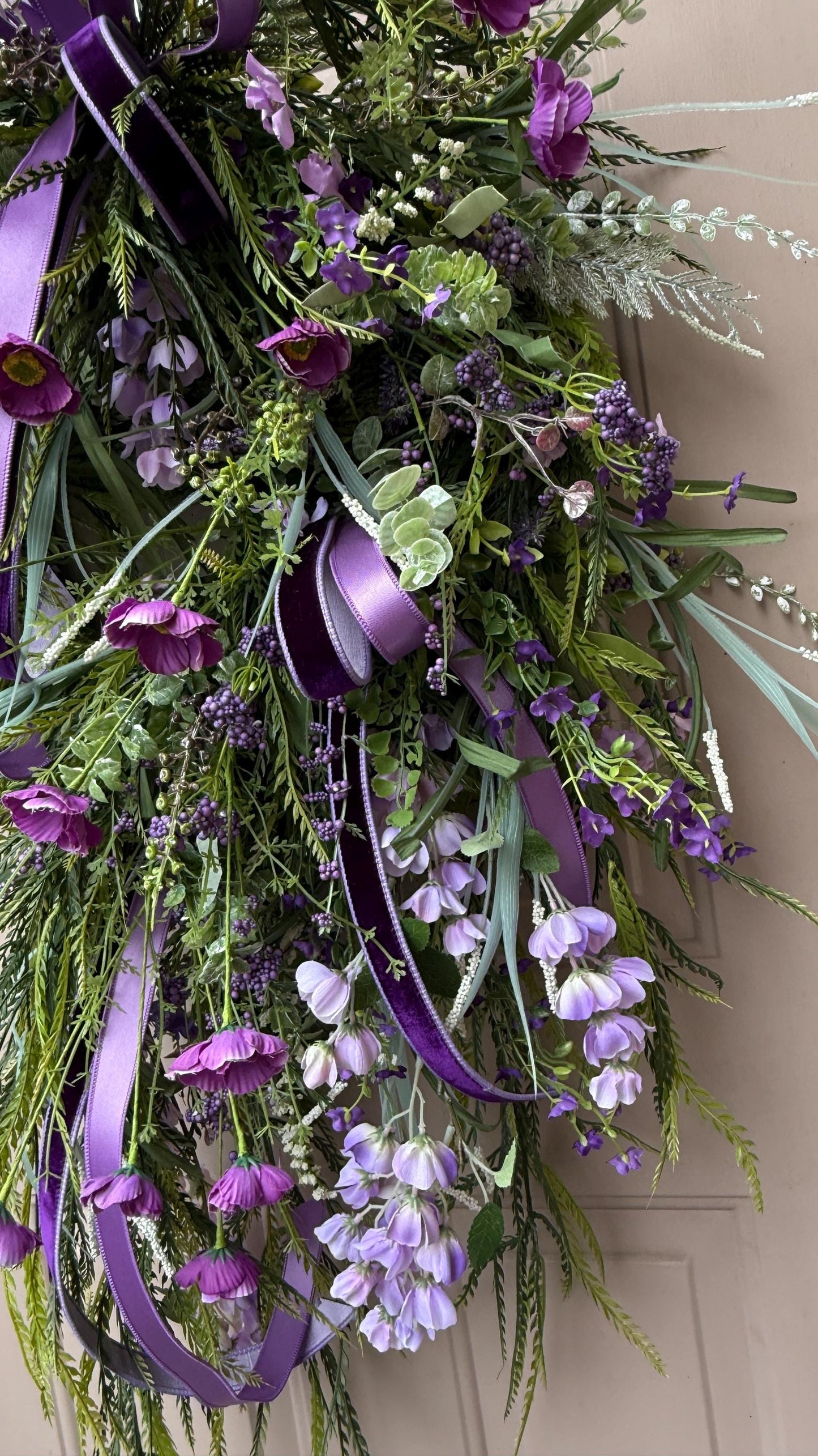 Lavender & Purple Floral Wreath: Moss Base, Satin Ribbons