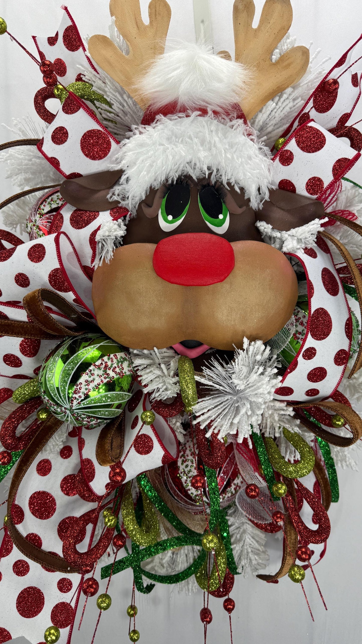 Handmade Rustic Reindeer Wreath, Red And White Holiday Decor for a Warm Welcome, Festive Decor