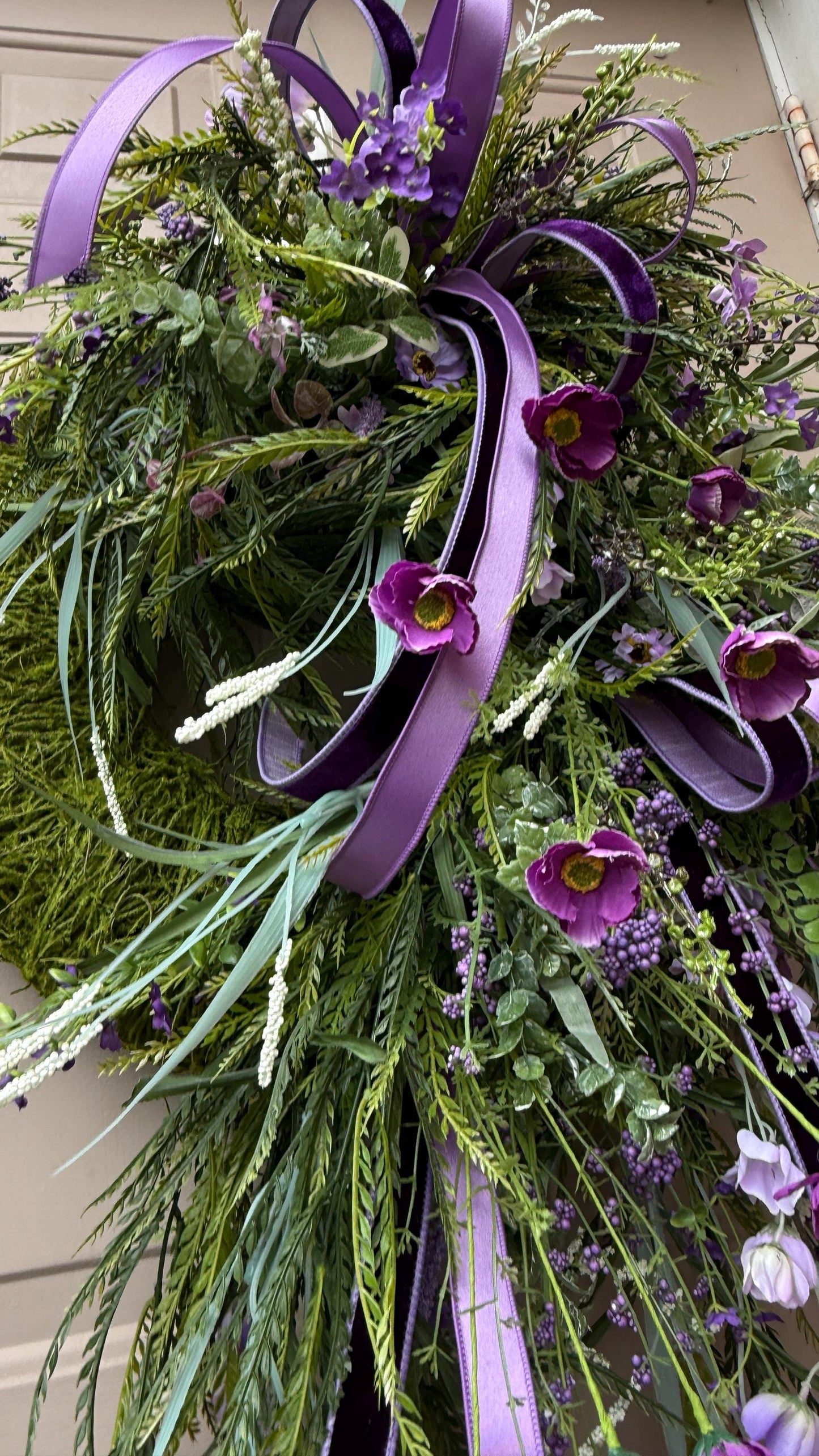 Lavender & Purple Floral Wreath: Moss Base, Satin Ribbons