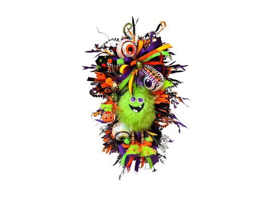 Green Halloween Swag Eyeball Door Wreath, Purple Orange Black Decoration