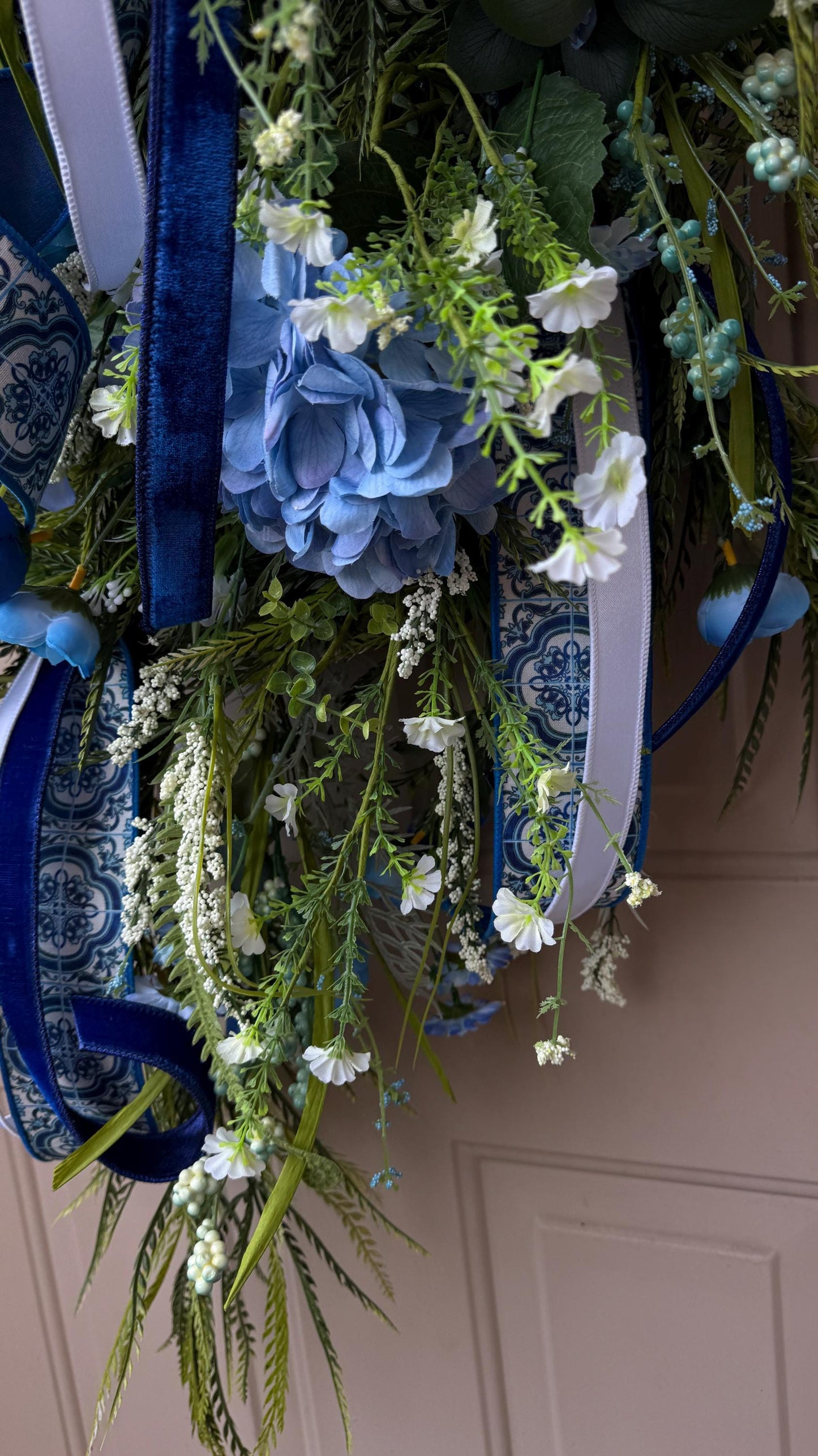Blue Hydrangea Wreath: XL Moss Base, Chinoiserie Ribbon Door Decor