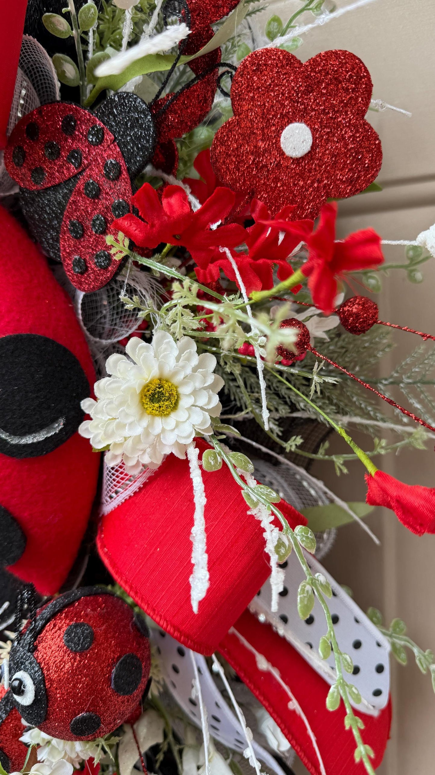 Ladybug Wreath: Red, Black & White Ribbons, Summer Door Decor