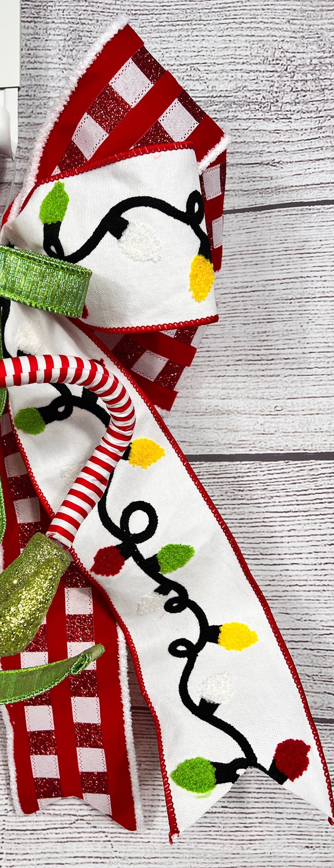 Christmas Red White Green Holiday Bow, Tree Topper with Elf Legs, Glitter Plaid Mailbox Decoration