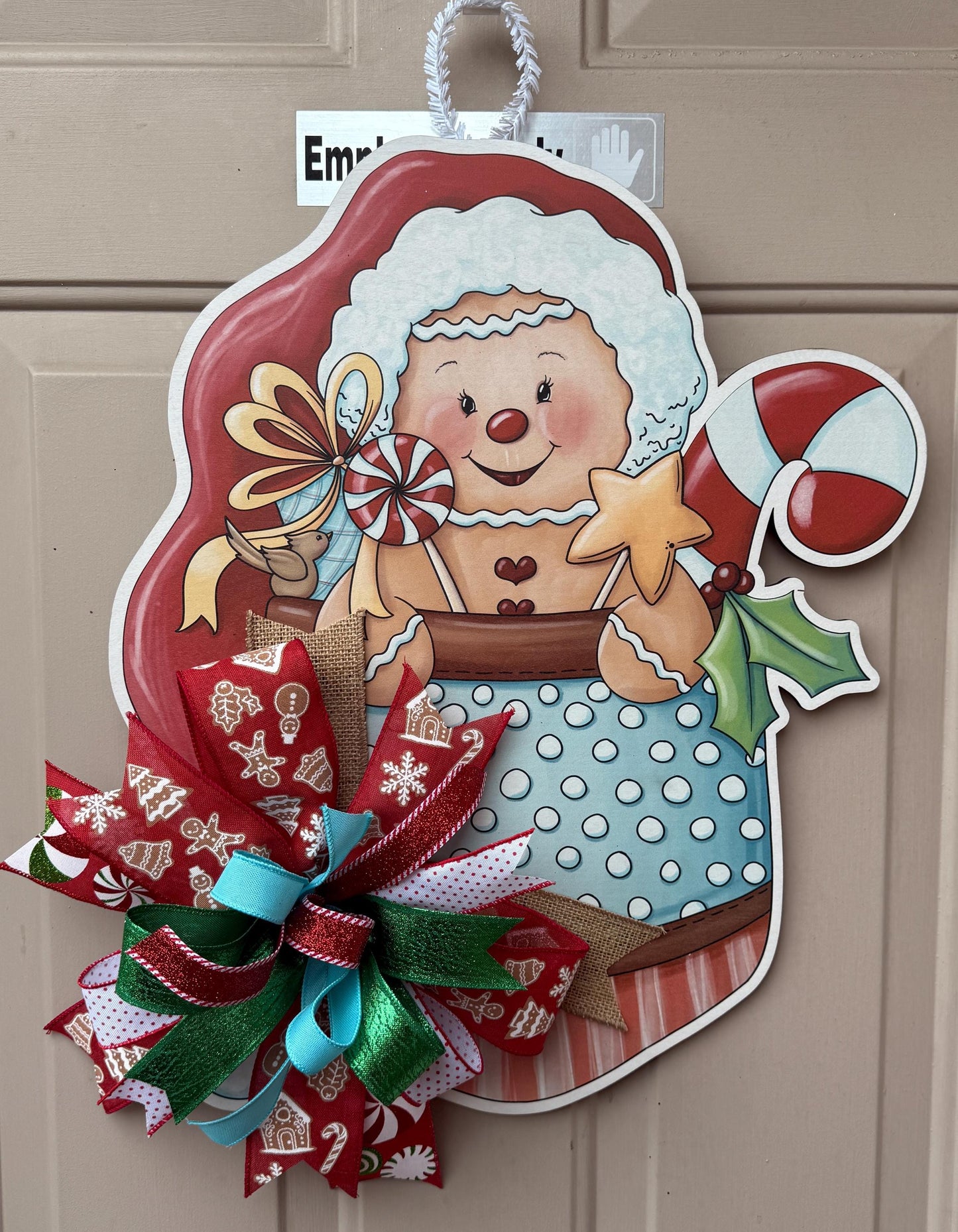 Handmade Gingerbread door hanger, Christmas Candy decor with bow, Holiday Kitchen Wall Art, Festive Gingerbread decoration for front door