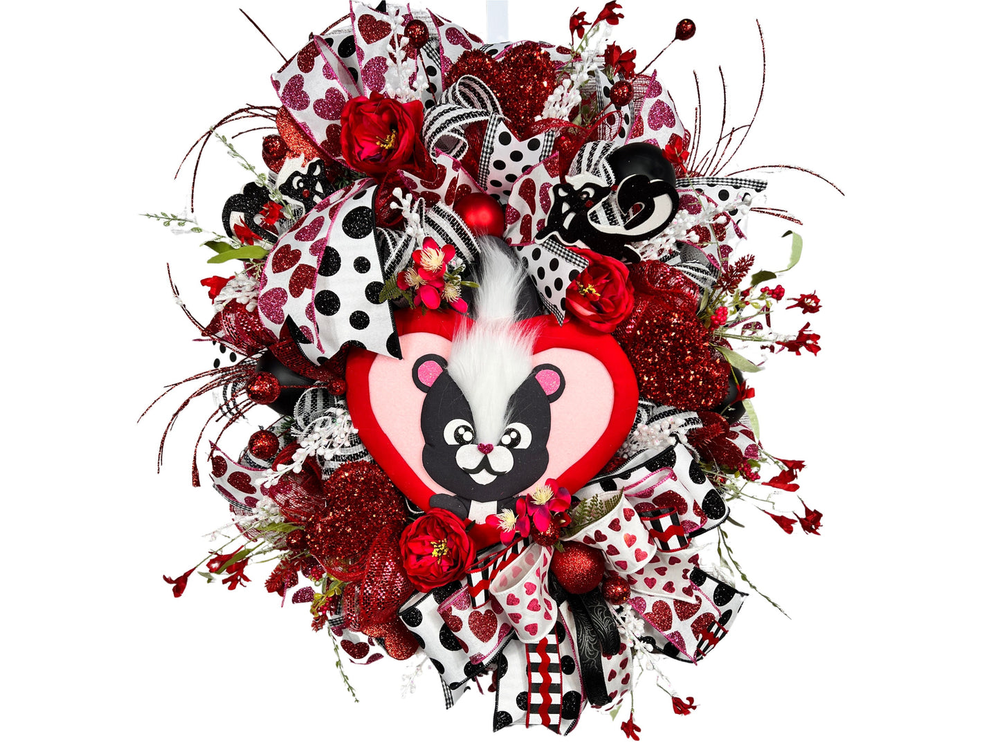 Handmade Valentine's Skunk Wreath: Whimsical Heart Front Door Decor