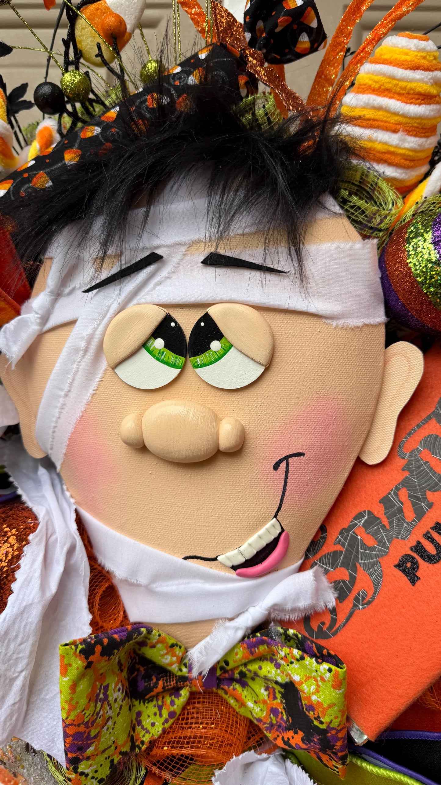 Mummy Halloween Wreath: Handmade Deco Mesh, Candy Corn Decor