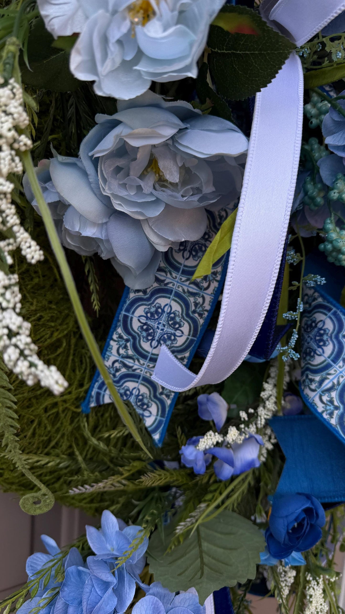 Blue Hydrangea Wreath: XL Moss Base, Chinoiserie Ribbon Door Decor