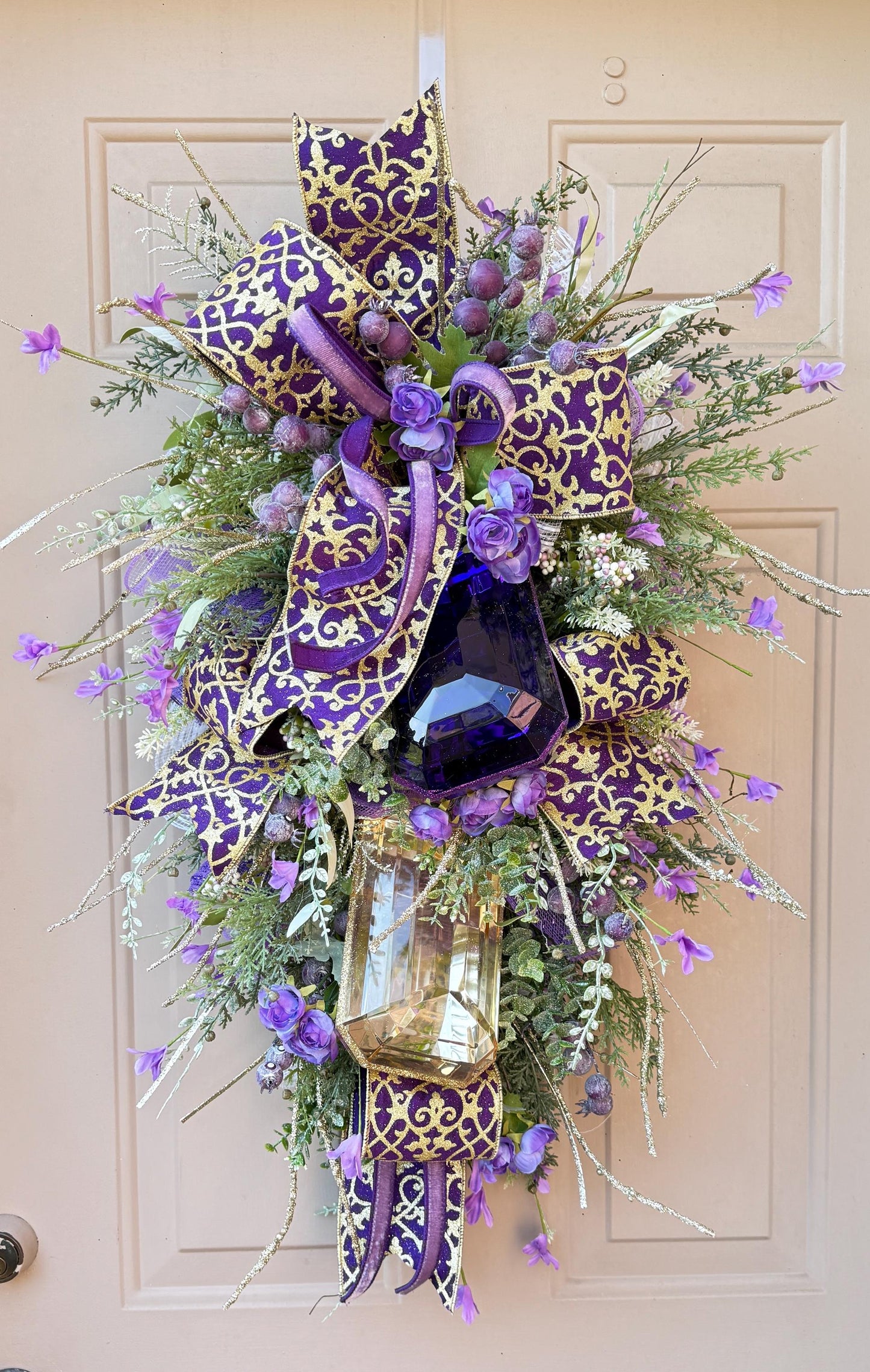 Purple and Gold Gem Wreath Holiday Decor Glitter Accents Handmade Front Door Wreath