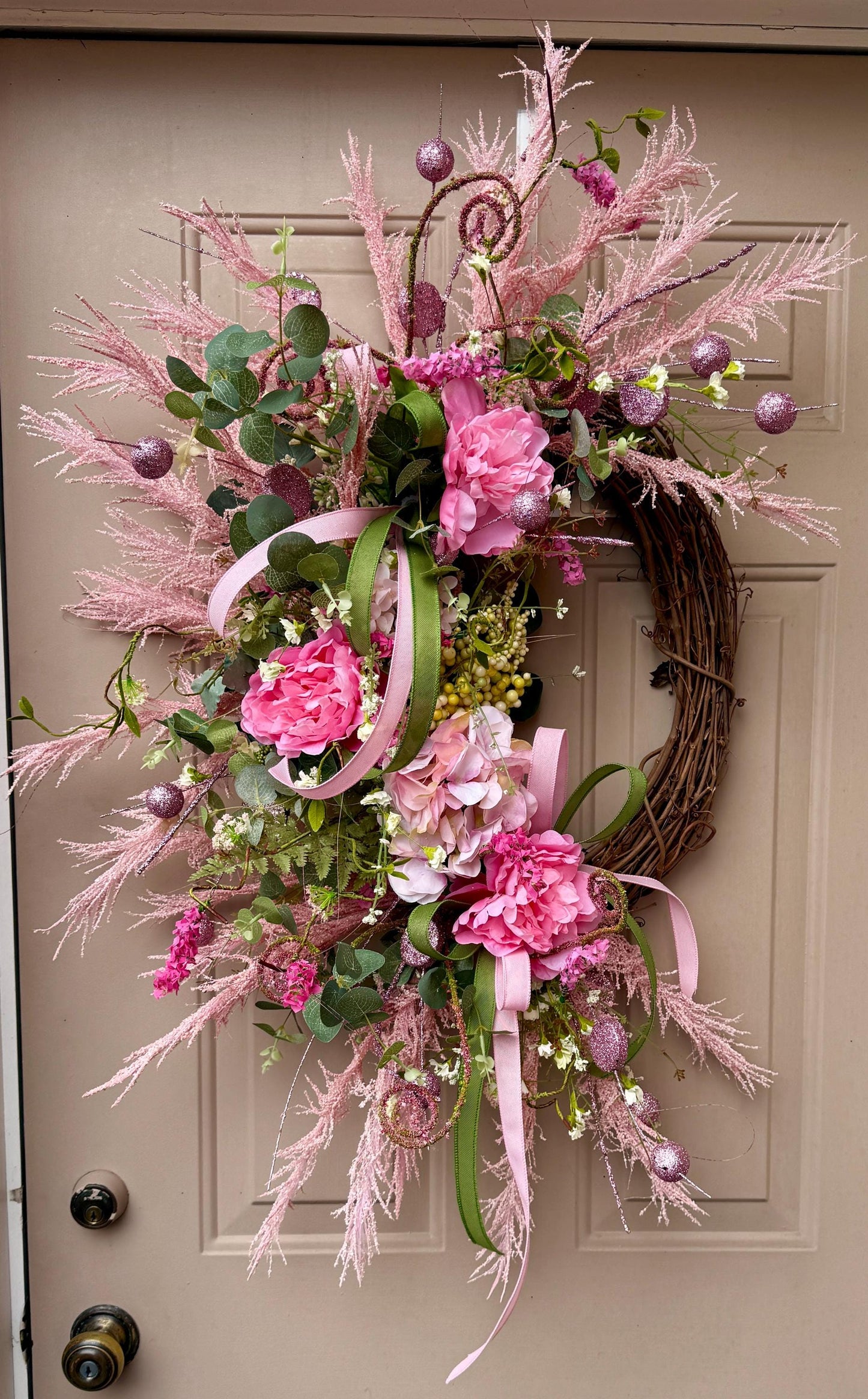 Floral Grapevine Wreath: Pink Wildflowers, Lace Bow, Farmhouse Decor