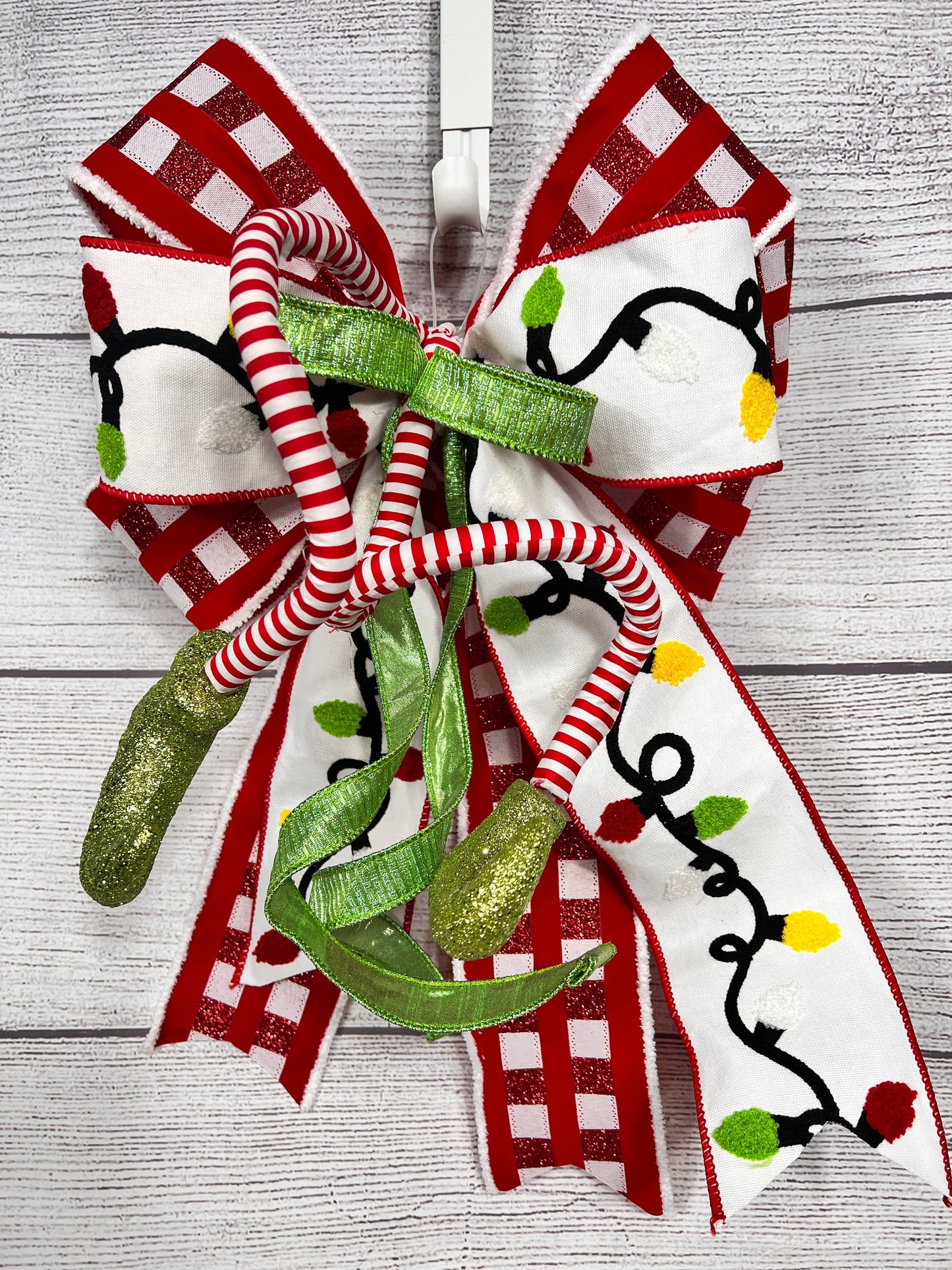 Christmas Red White Green Holiday Bow, Tree Topper with Elf Legs, Glitter Plaid Mailbox Decoration
