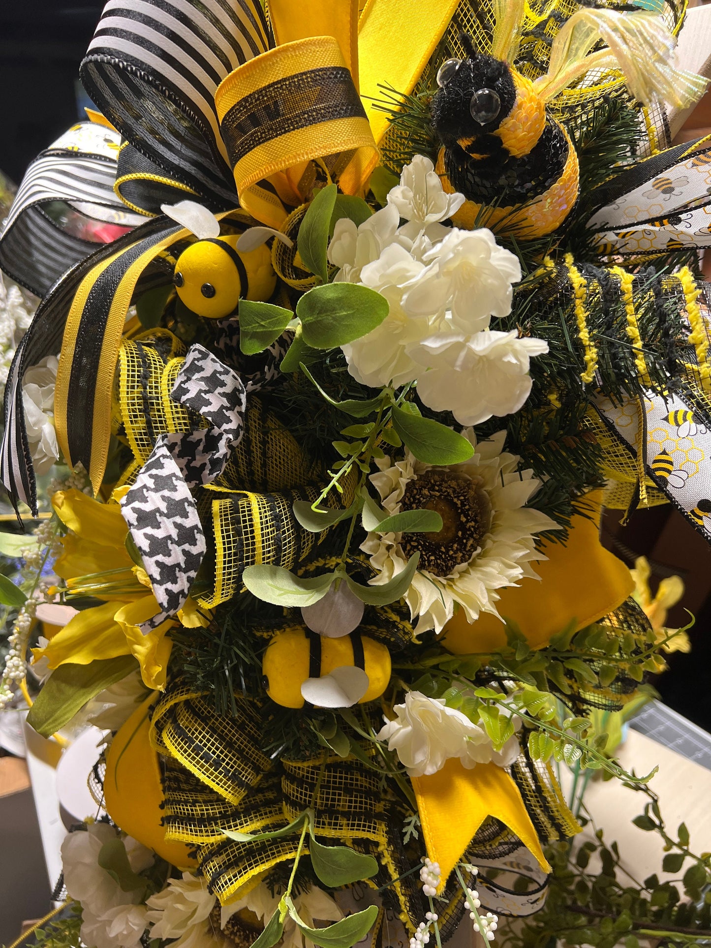 Bee & Sunflower Teardrop Swag: Whimsical Front Door Wreath