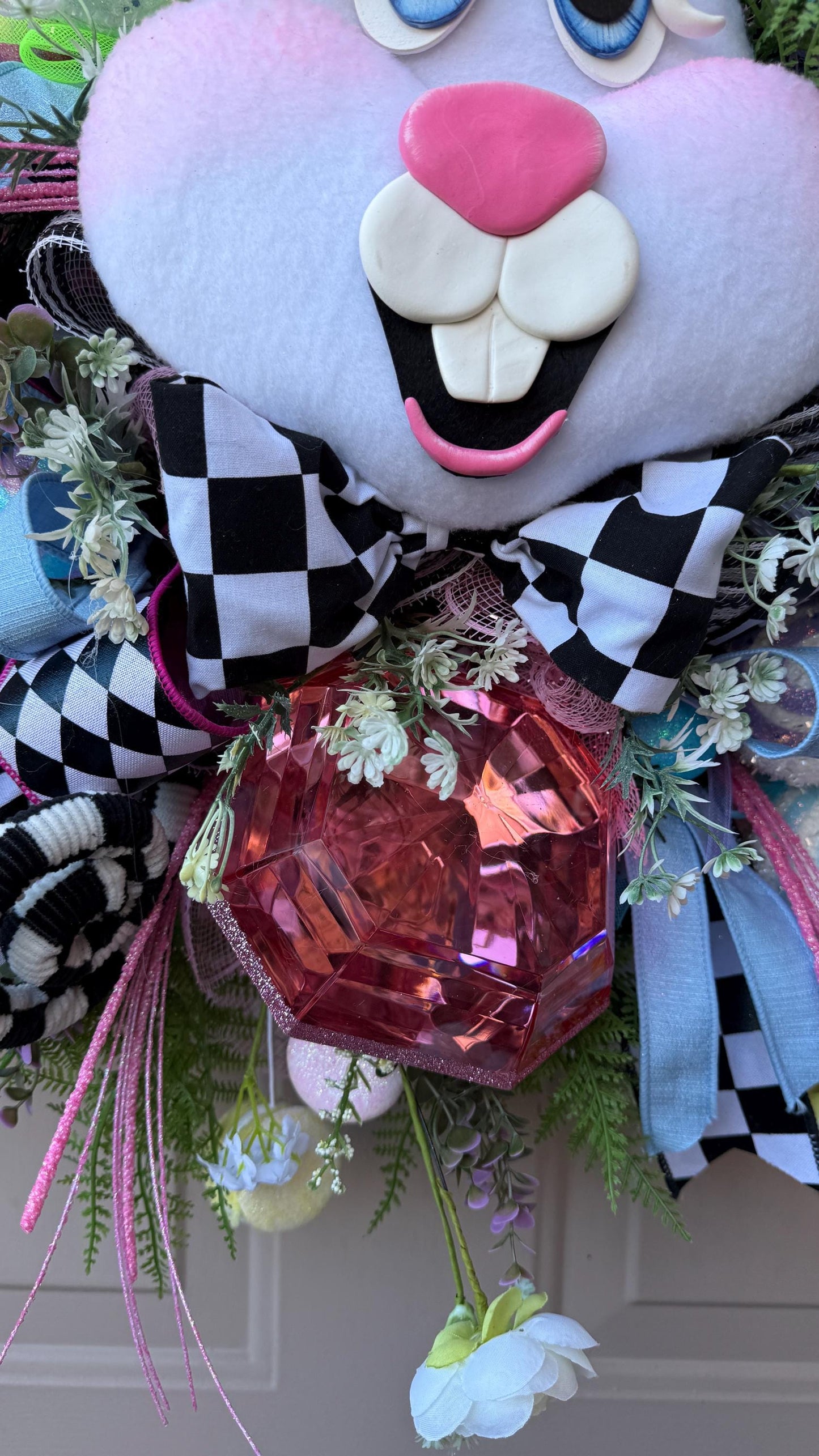 Pink Gem Easter Wreath: Handmade Bunny Door Decor