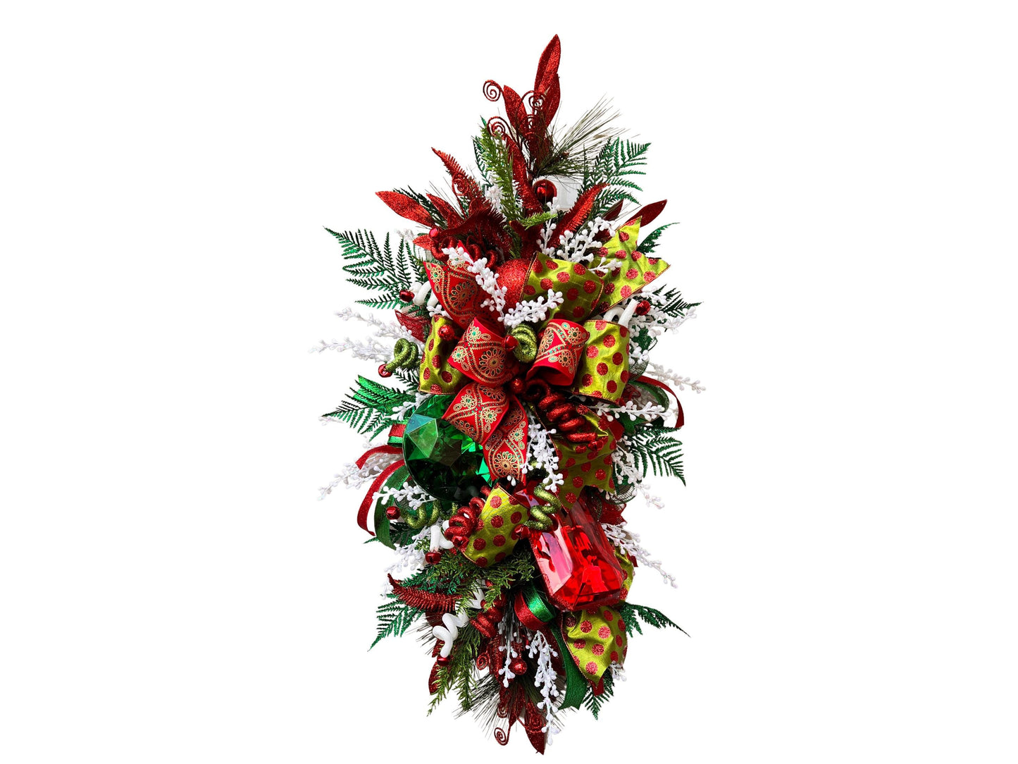 Red and Green Christmas Swag with Ornaments, Holiday Door Swag, Front Door Christmas Decor
