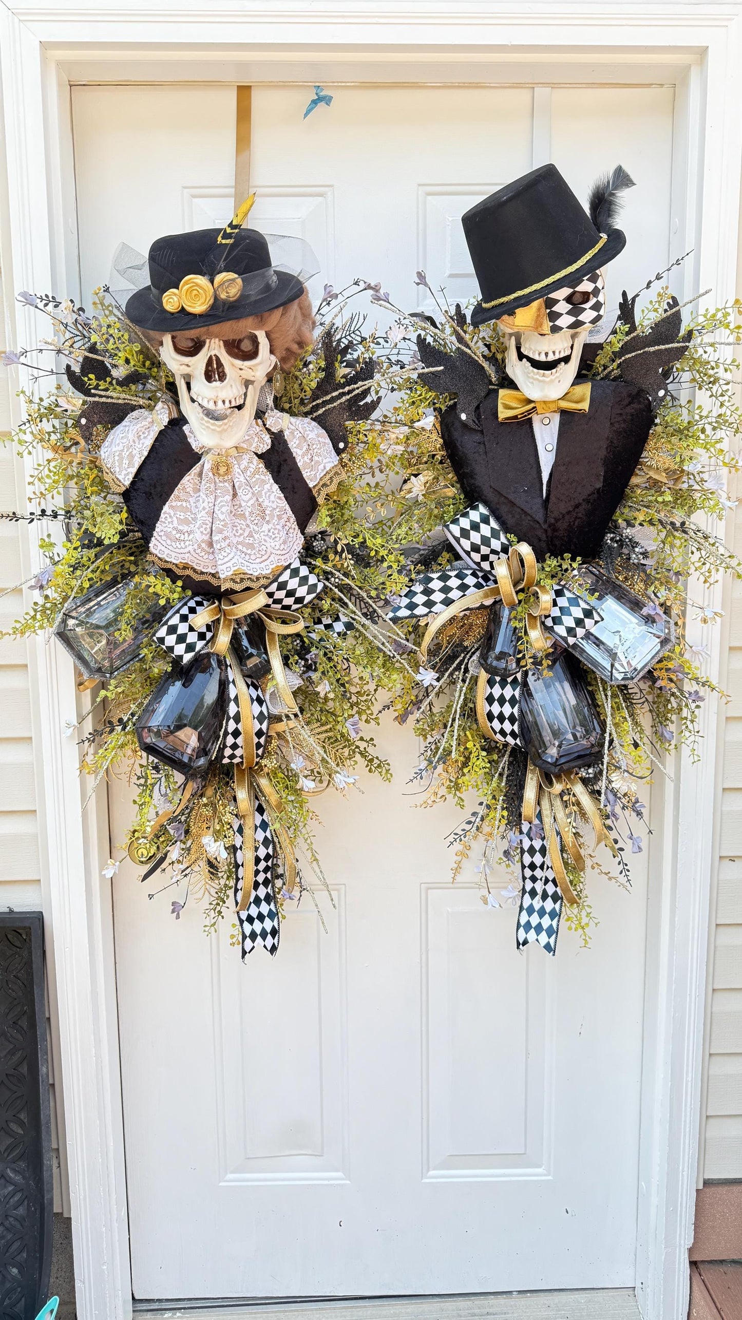 Skeleton Bride And Groom Halloween Swags: Gothic Double Door Decor Black and White Decoration
