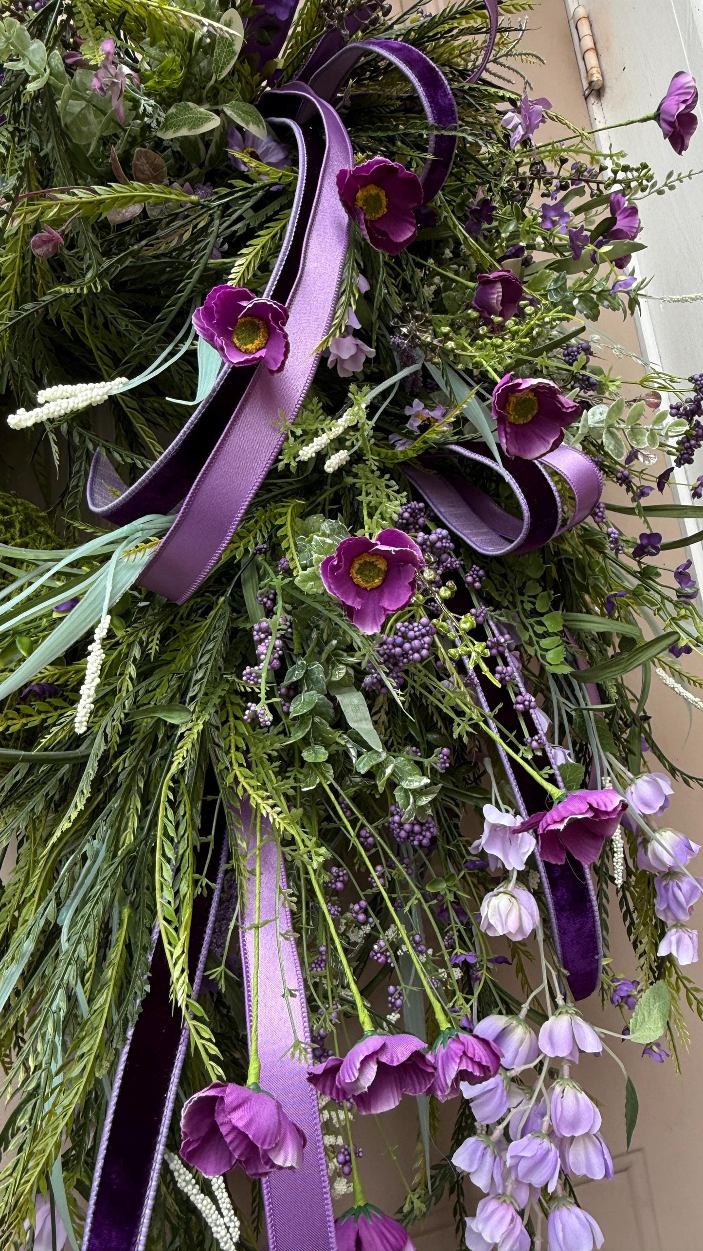 Lavender & Purple Floral Wreath: Moss Base, Satin Ribbons
