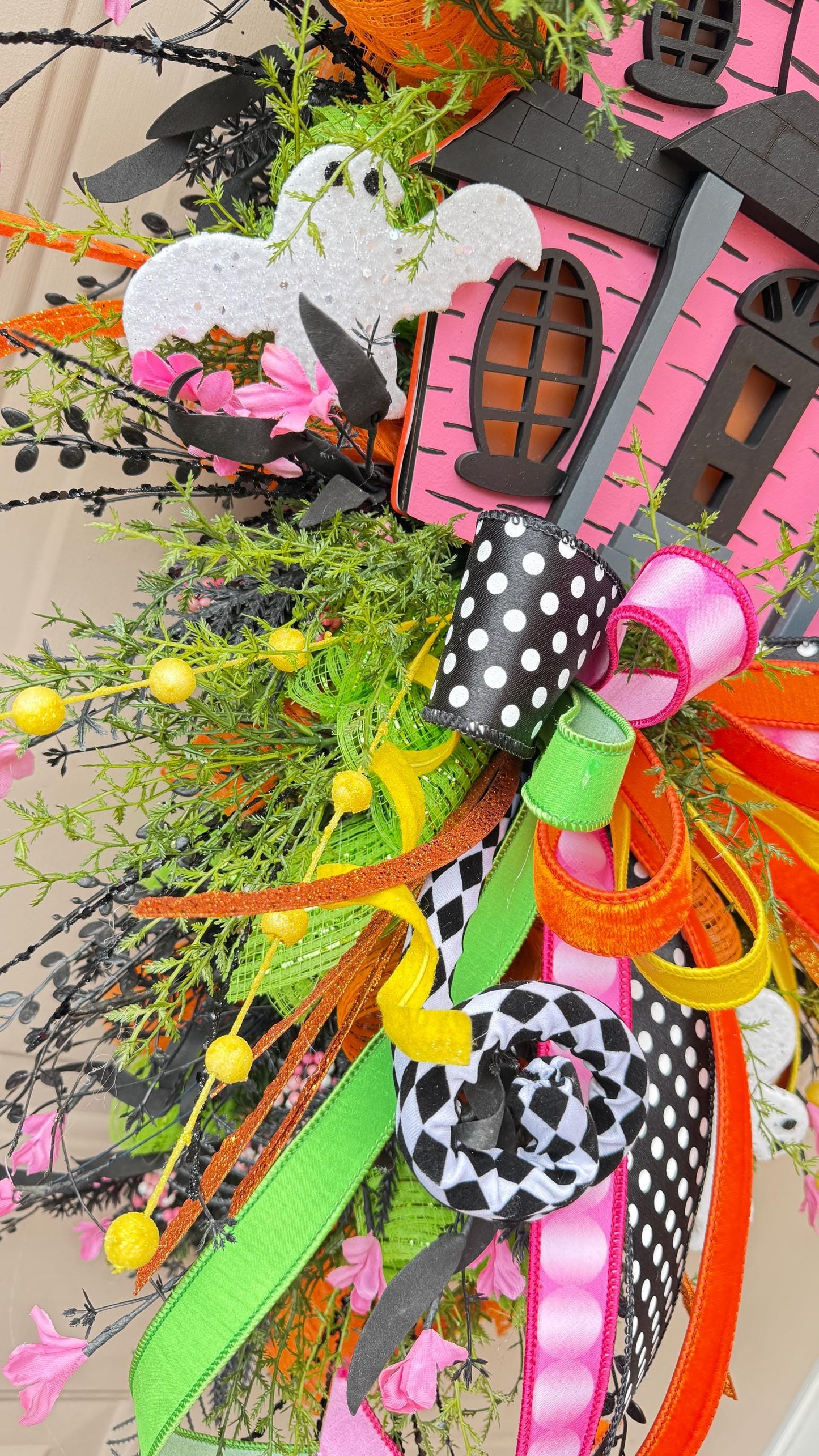 Light Up Haunted House Halloween Swag with Remote Pink Black Orange Door Swag