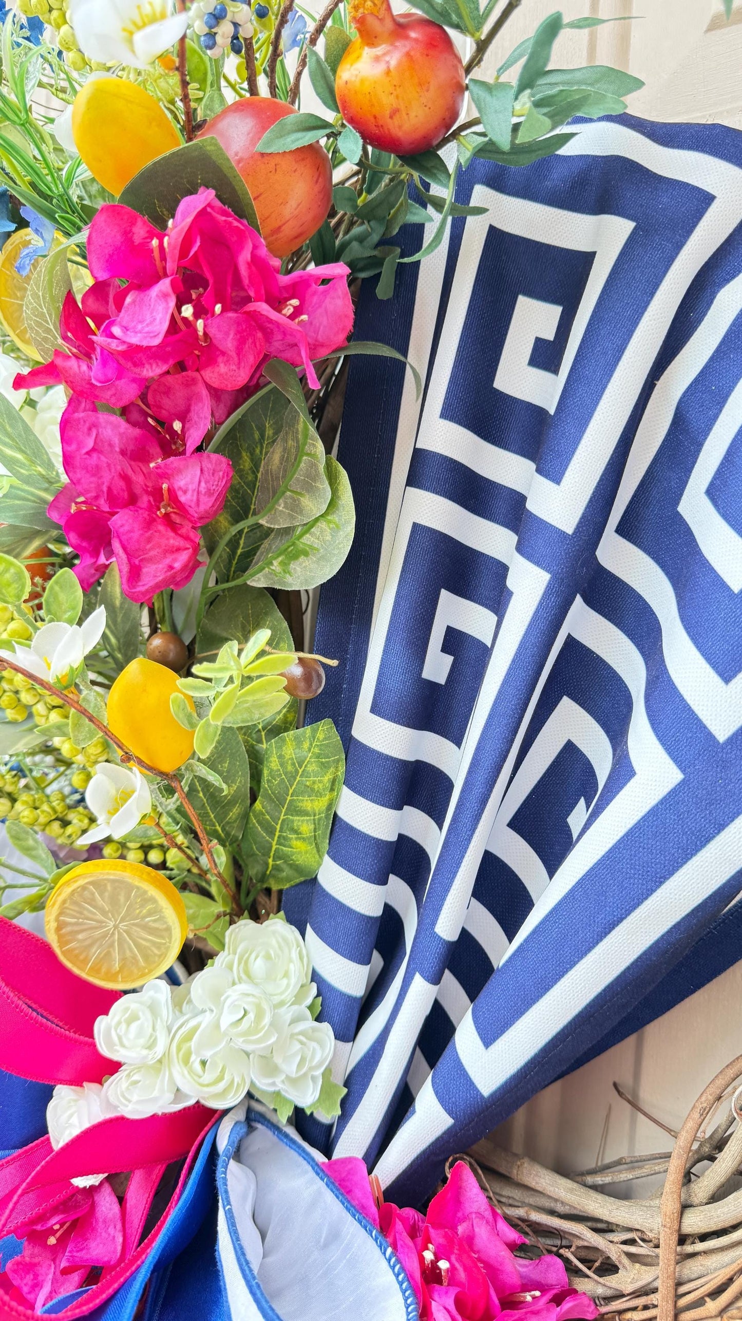 Mediterranean Lemon Grapevine Wreath: Greek Key Ribbon, Faux Florals