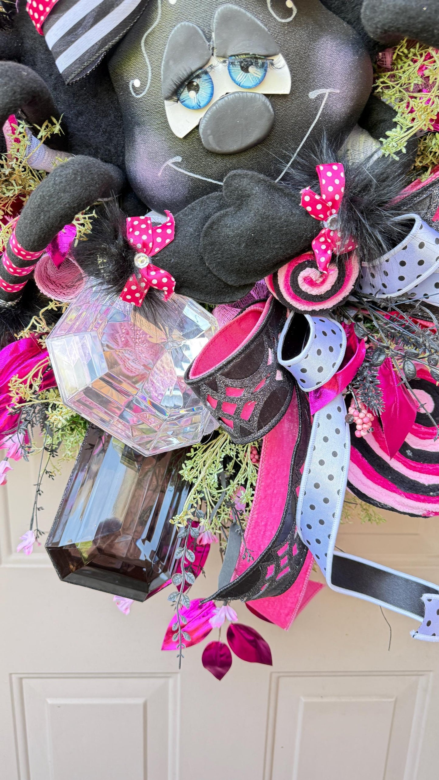 Pink & Black Spider Wreath, Rhinestone Spider, Designer Ribbon Bow, Halloween Luxury Door Decoration