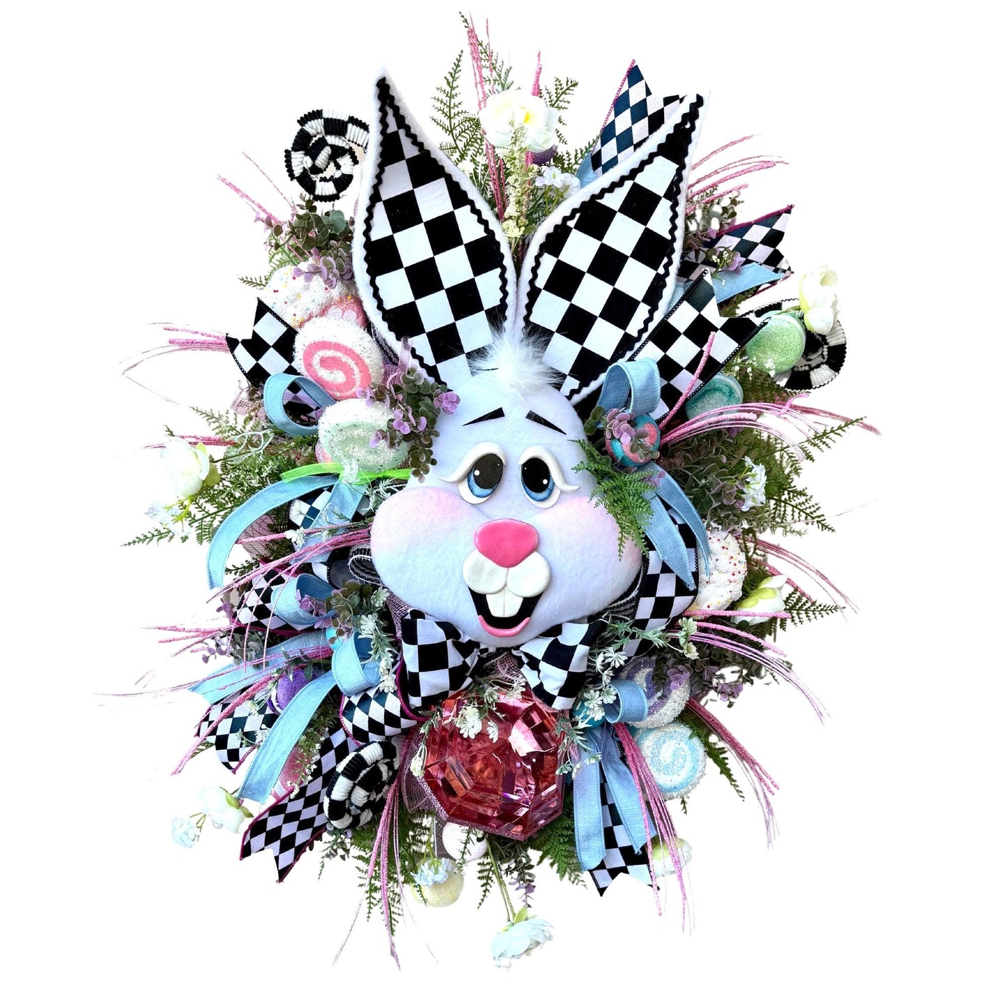 Pink Gem Easter Wreath: Handmade Bunny Door Decor