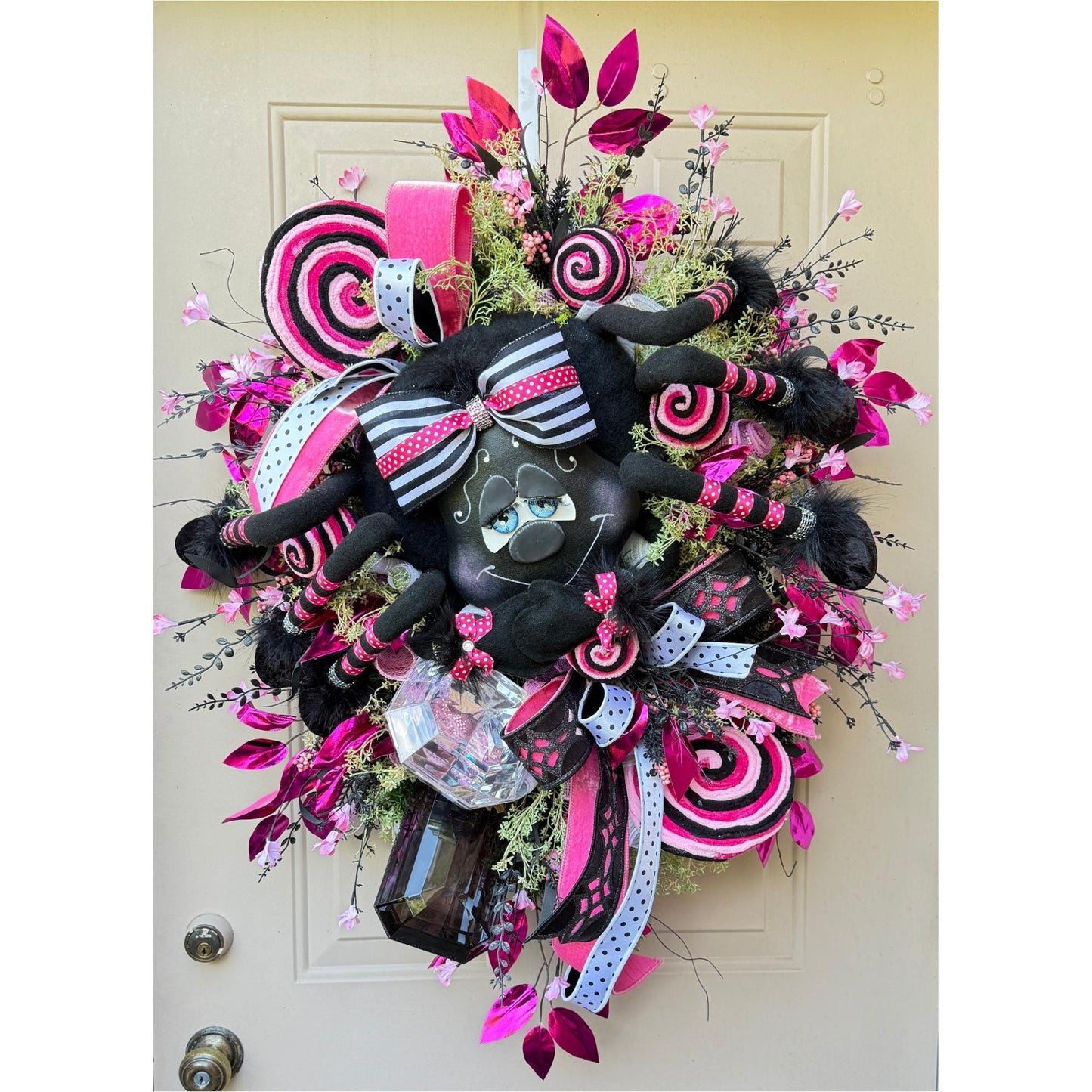 Pink & Black Spider Wreath, Rhinestone Spider, Designer Ribbon Bow, Halloween Luxury Door Decoration